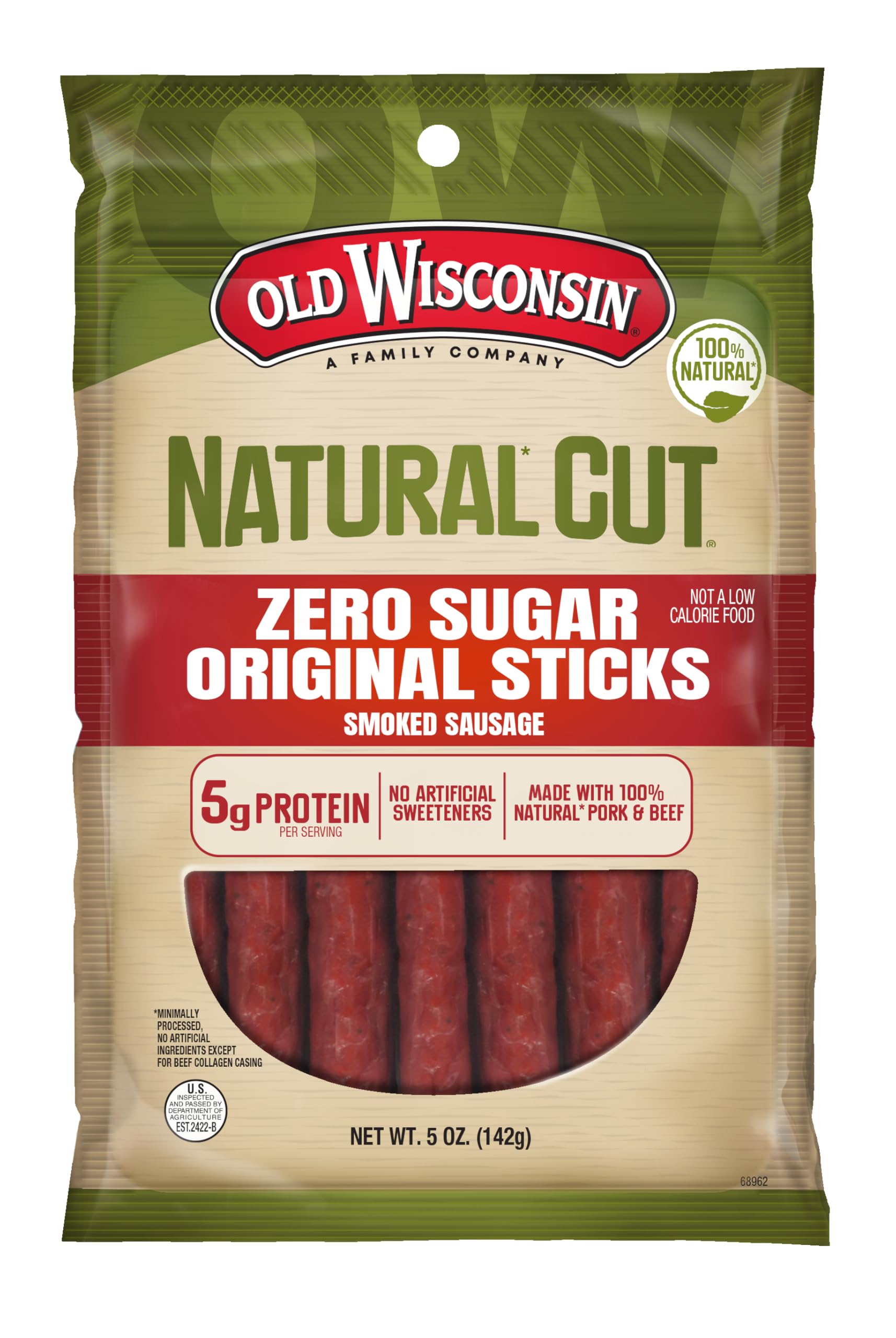 Old Wisconsin Natural Cut Original Sausage Snack Sticks, Zero Sugar, Naturally Smoked, Ready to Eat, High Protein, Low Carb, Keto, Gluten Free, No