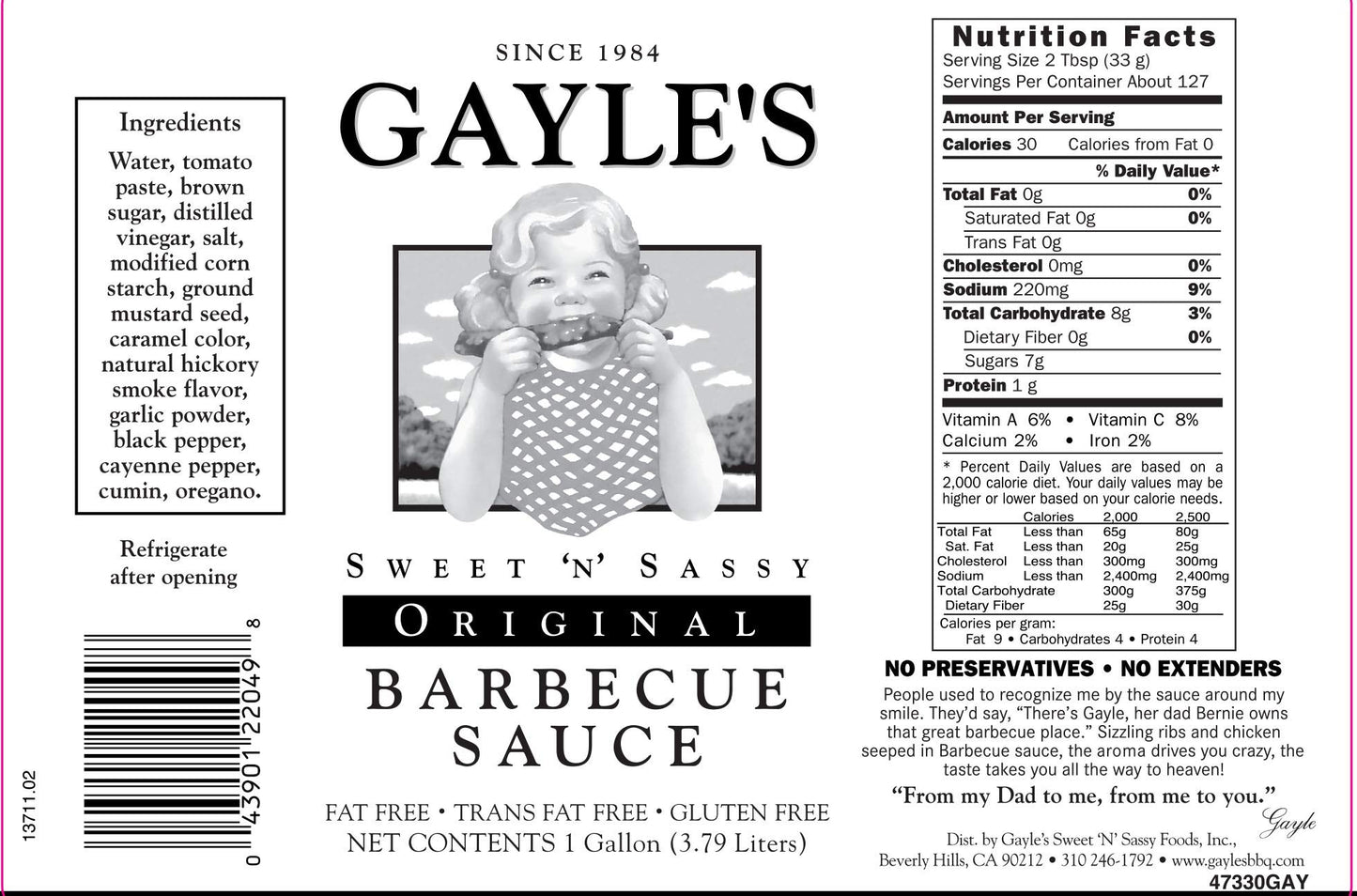 Gayle's Sweet 'N' Sassy Original BBQ Barbecue Barbeque Sauce, 1 Gallon