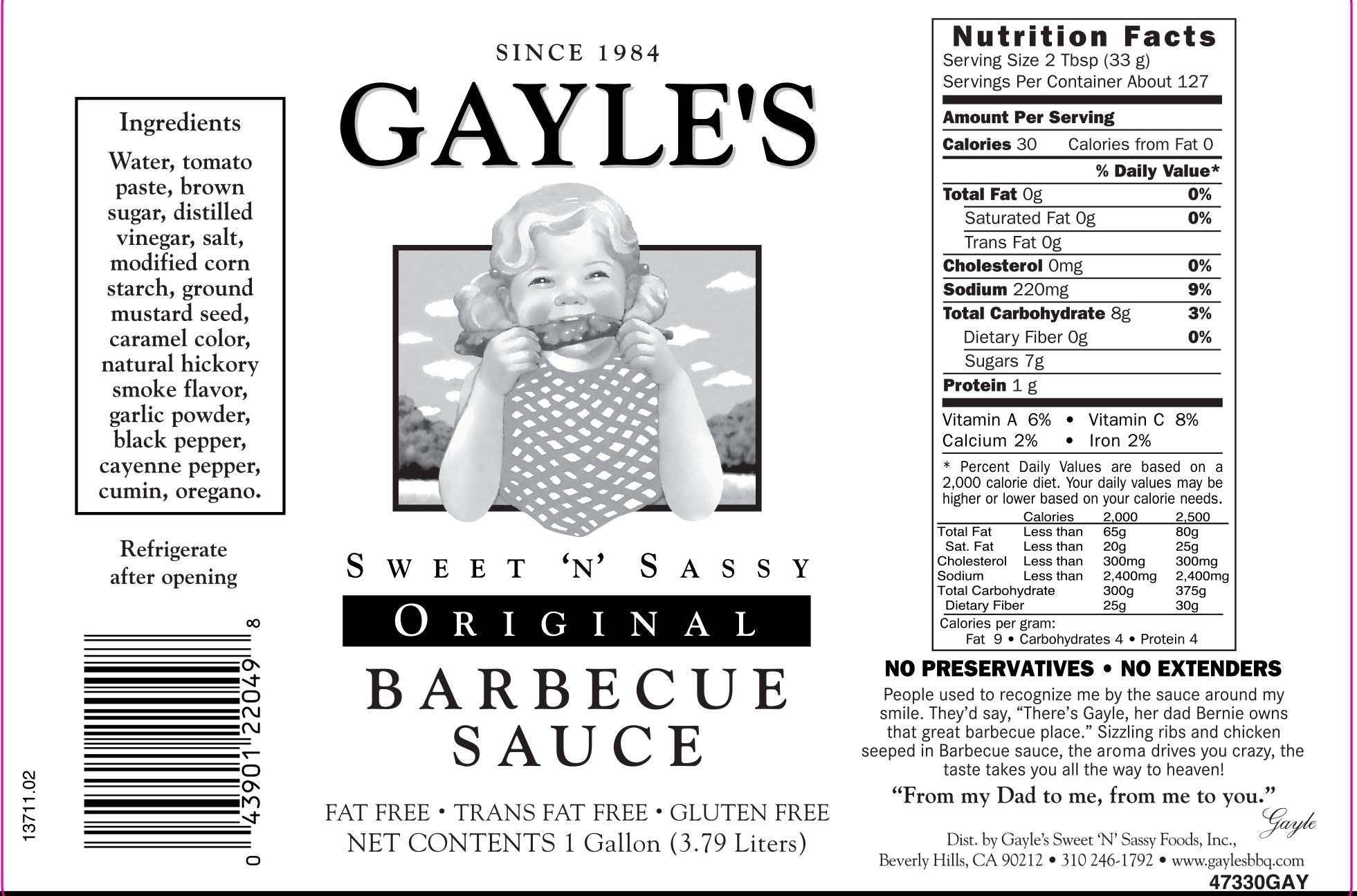 Gayle's Sweet 'N' Sassy Original BBQ Barbecue Barbeque Sauce, 1 Gallon
