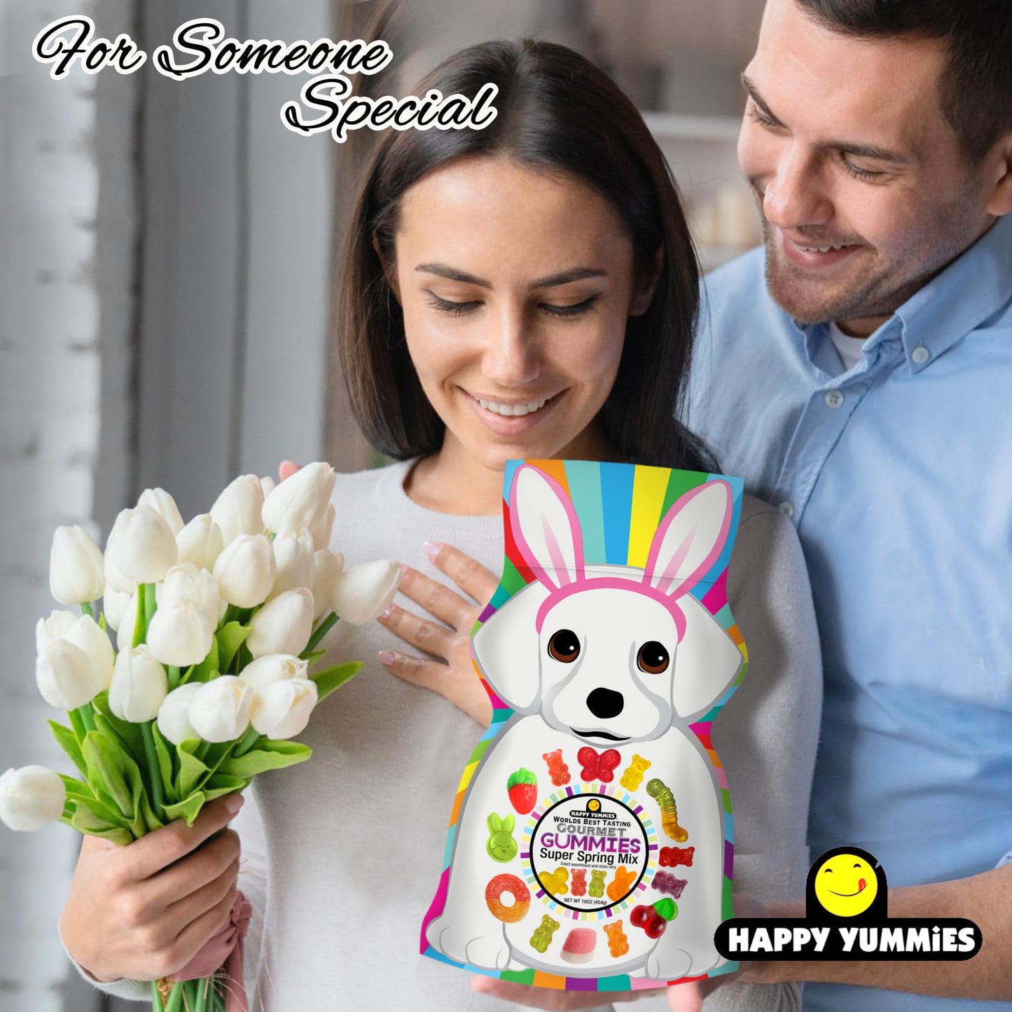 Happy Yummies Gummies, Adorable Gourmet Gummies in a Puppy Shaped Bag - Delicious Assorted Flavors Candy Snacks for Spring Celebrations, Perfect