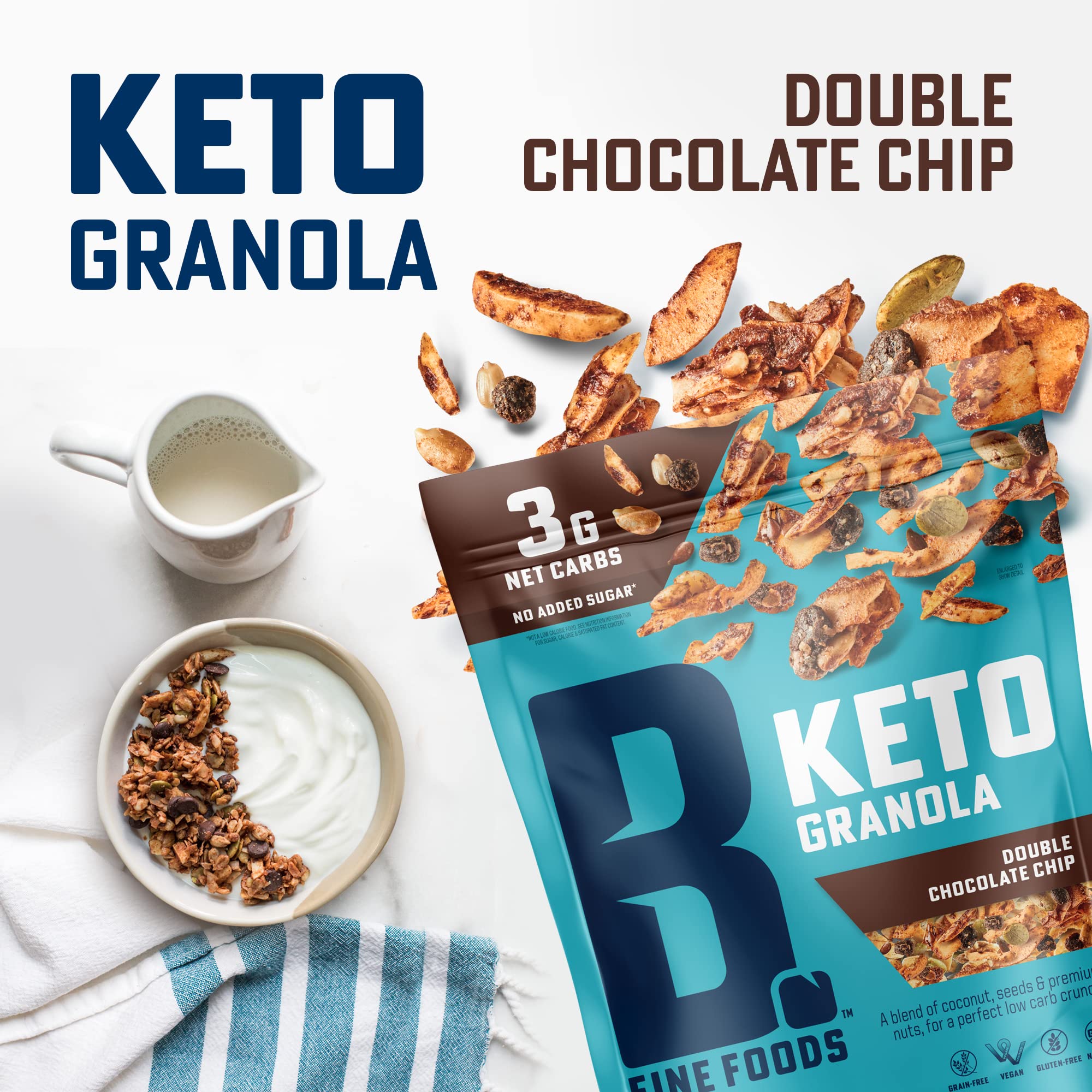 B. Fine Foods - Keto Granola High Protein Snack - Double Chocolate Chip - Breakfast Blend of Coconut, Seeds & Nuts - 3g Net Carbs, Gluten
