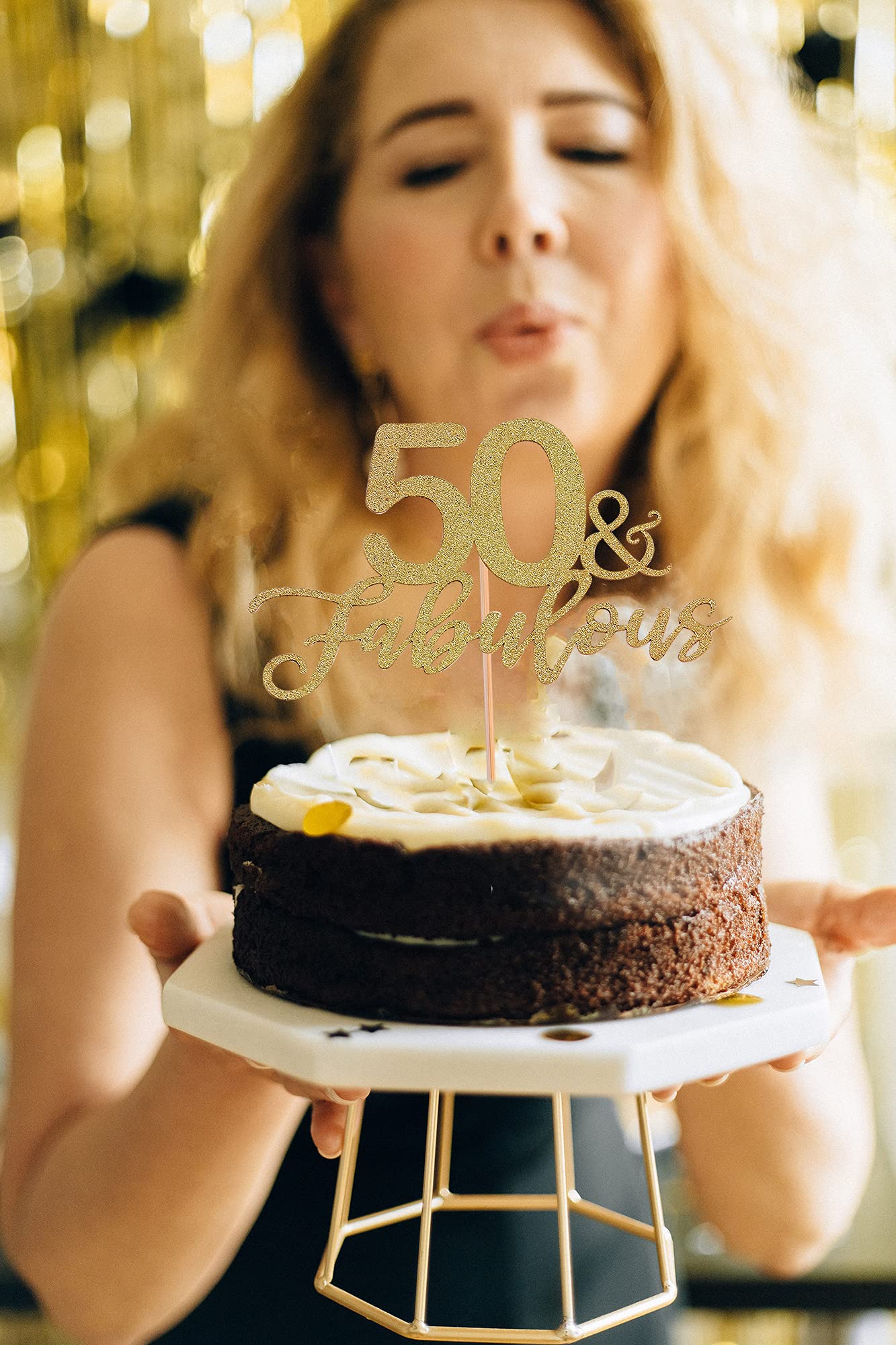 AHAORAY 50 Fabulous Cake Topper, Premium Gold Glitter Cardboard Cake Decoration for 50th Happy Birthday Party - Fifty and Fabulous Cake Topper