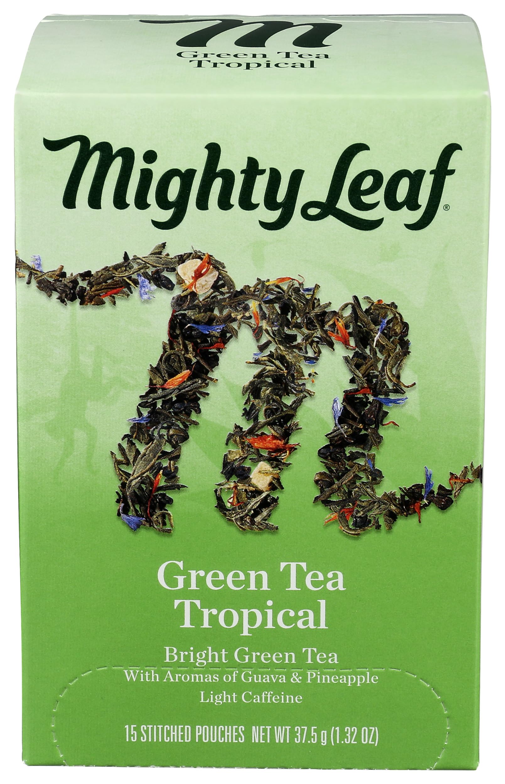 Mighty Leaf Tea, Green Whole Leaf Tea Bags - Green Tea Tropical - Light Caffeine - Blended with Pineapple, Guava & Tropical Fruit Flavors - 15 Count