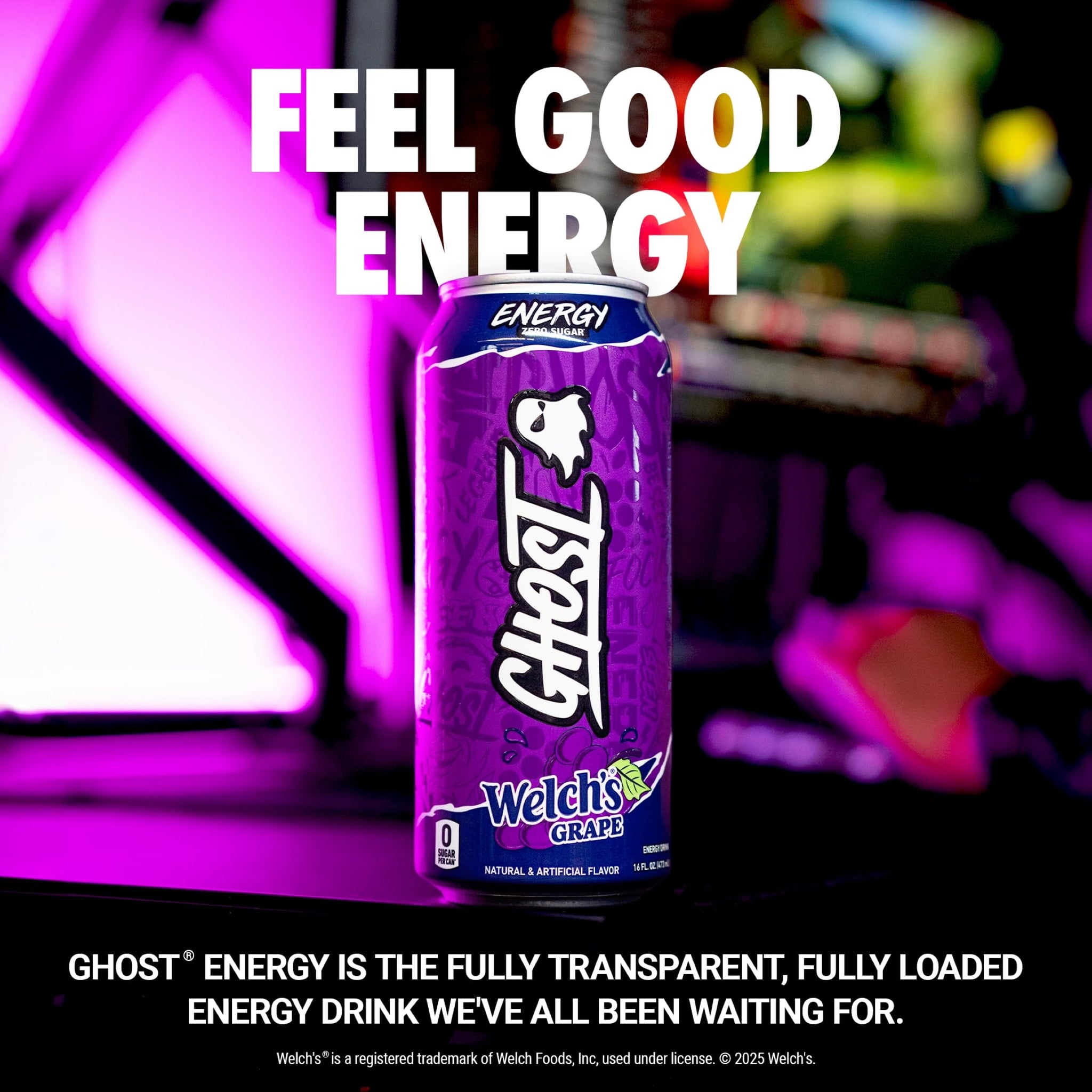 GHOST Energy Drink - 12-Pack, Welch's Grape, 16oz Cans - Energy & Focus & No Artificial Colors - 200mg of Natural Caffeine, L-Carnitine & Taurine
