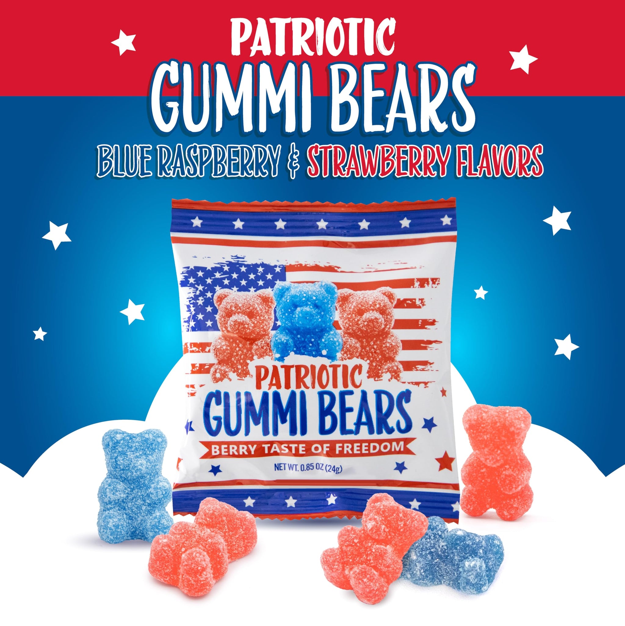 Patriotic Candy | 12 Packs | 4th of July Candy Individually Wrapped | Sour Bears Gummy Candy | Blue Raspberry & Strawberry Flavors | Red & Blue