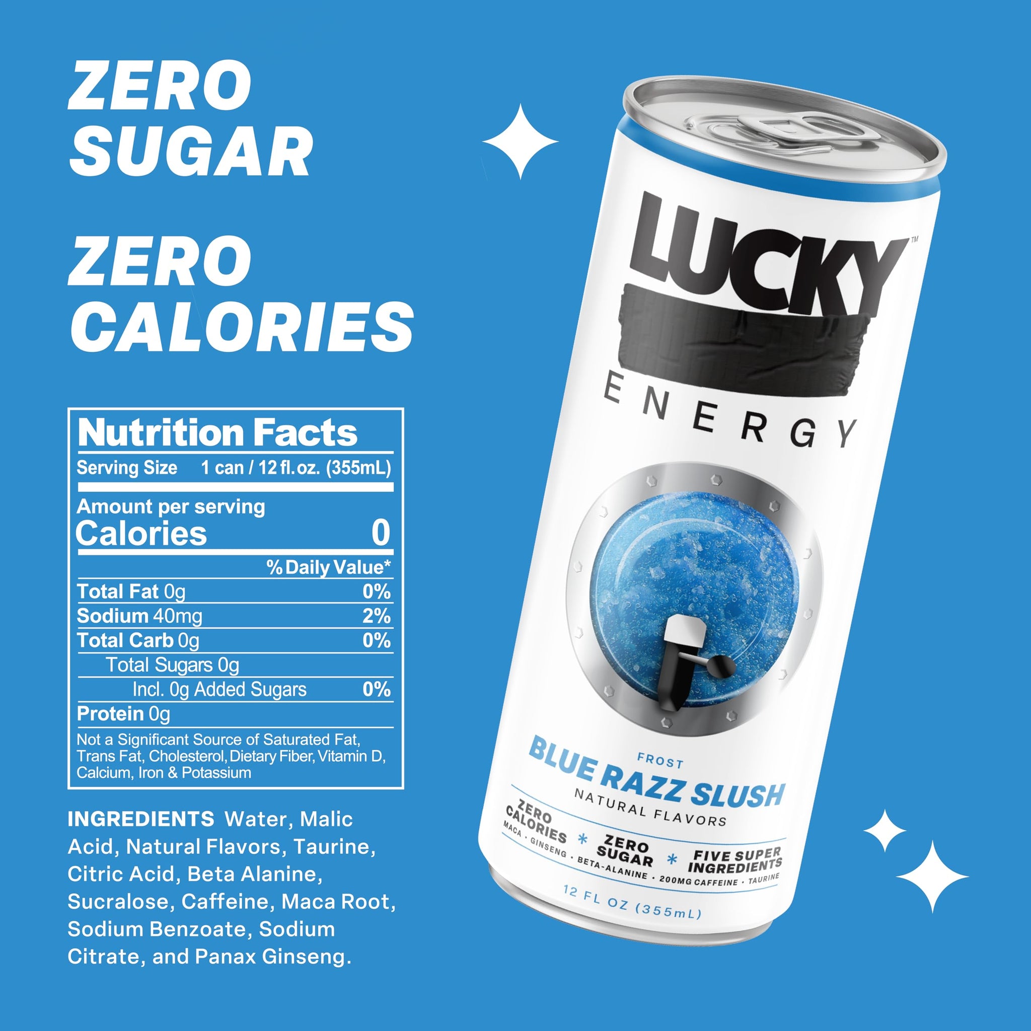 Lucky Energy Drink Variety Pack - Slush Series (Cherry, Blue Razz, Strawberry) - Zero Sugar, 0 Calorie Performance Beverage with 200mg Caffeine, Maca