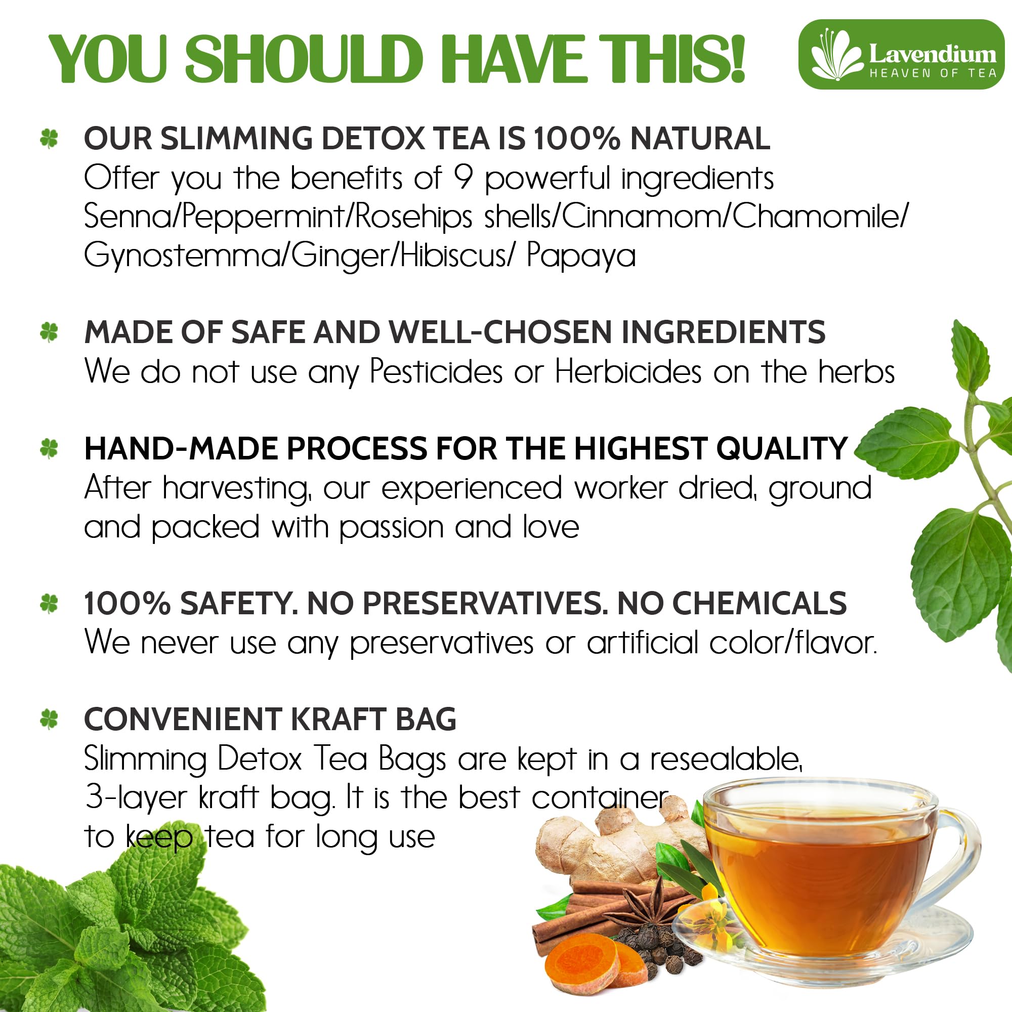 Lavendium, 60 Bags SIimming Detox Tea Caffeine Free - Herbal Tea with Chamomile, Hibiscus Tea & Ginger Root for Colon Cleanse - Natural Citrus