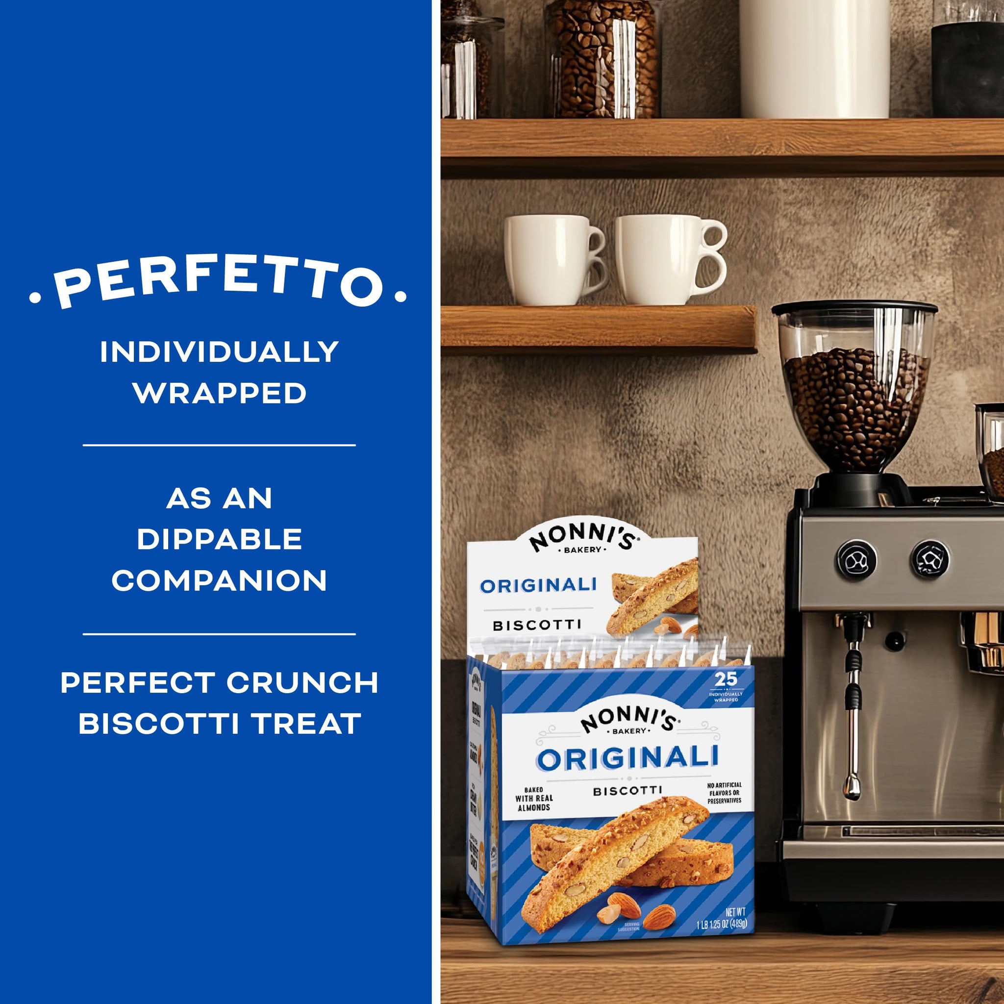Nonni's Originali Classic Almond Biscotti Cookies - Individually Wrapped Italian Coffee Snack, Crunchy Twice-Baked, 80 Cal Each, 17.25 oz Carton, 4