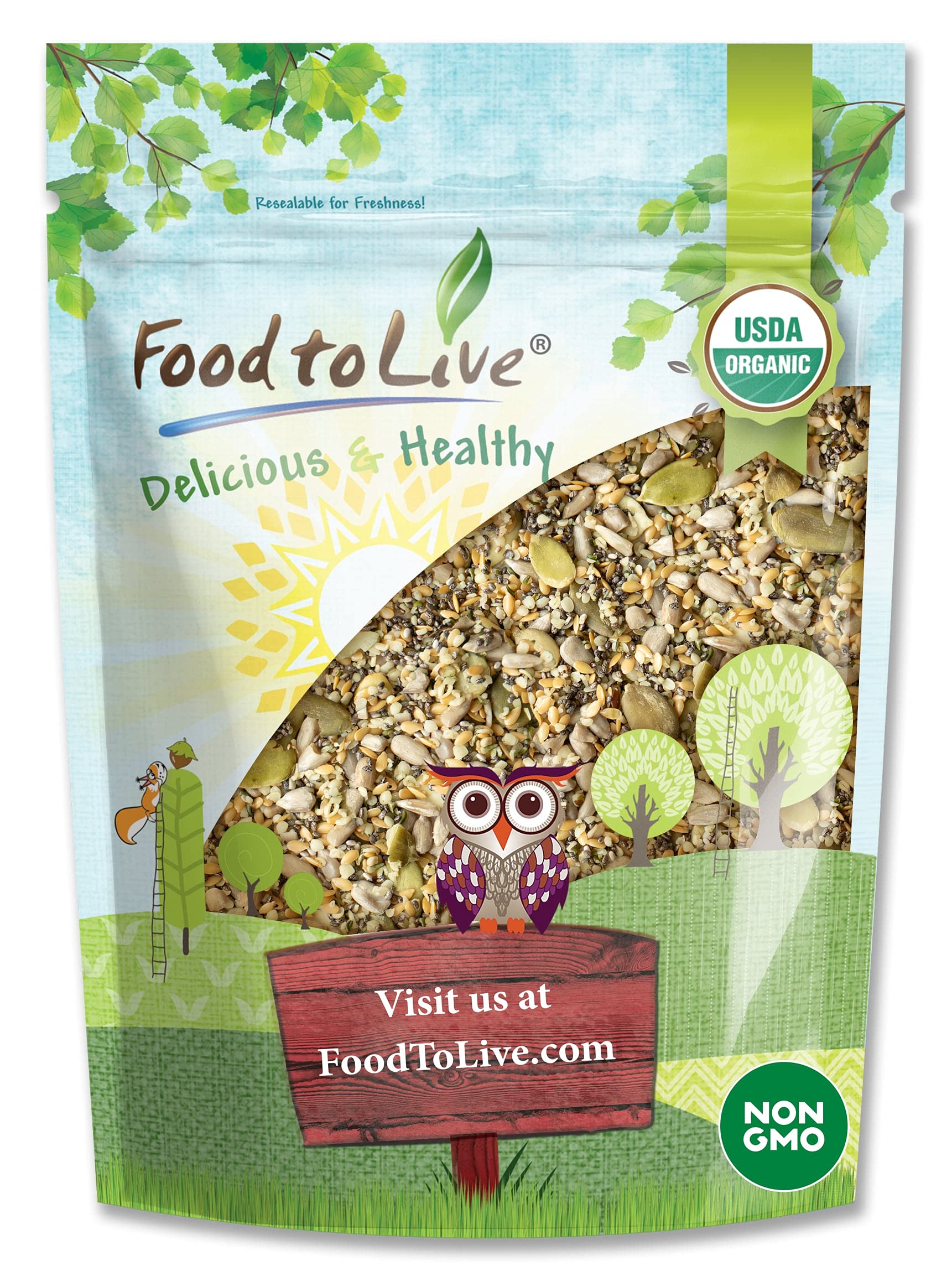 Food to Live - Organic Raw Superseed Mix- Chia, Flax, Hemp, Pumpkin, and Sunflower, 12 Ounces - Non-GMO Whole Seeds Blend, Vegan, Kosher, Raw, Bulk
