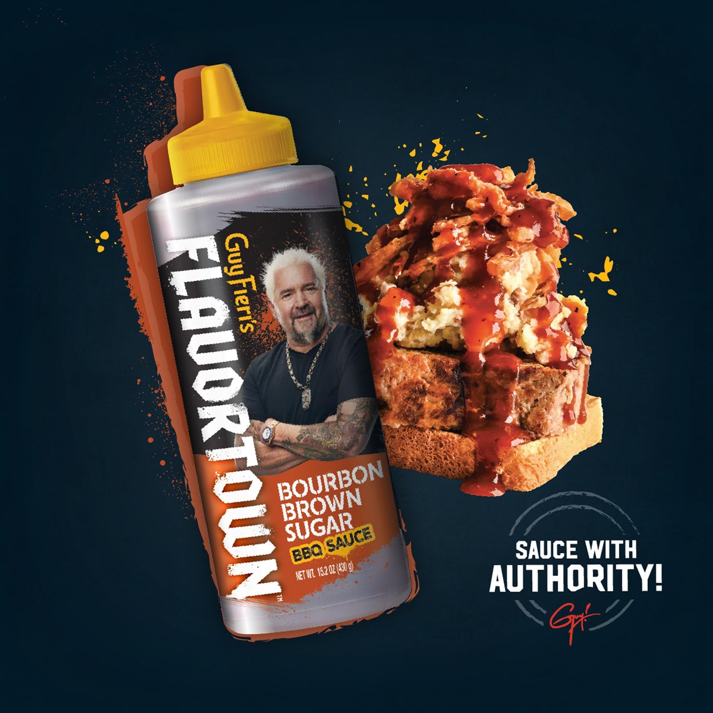 Guy Fieri's Flavortown Bourbon Brown Sugar BBQ Sauce - Sweet & Smoky Barbecue Sauce, Use for Chicken Wings, Ribs, Burgers, & More - 15.2 Ounce Bottle