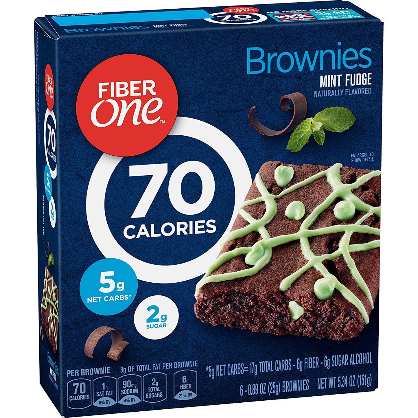 General Mills, Fiber One 90 Calorie, Mint Fudge Brownies, 6 Count, 5.34oz Box (Pack of 3)