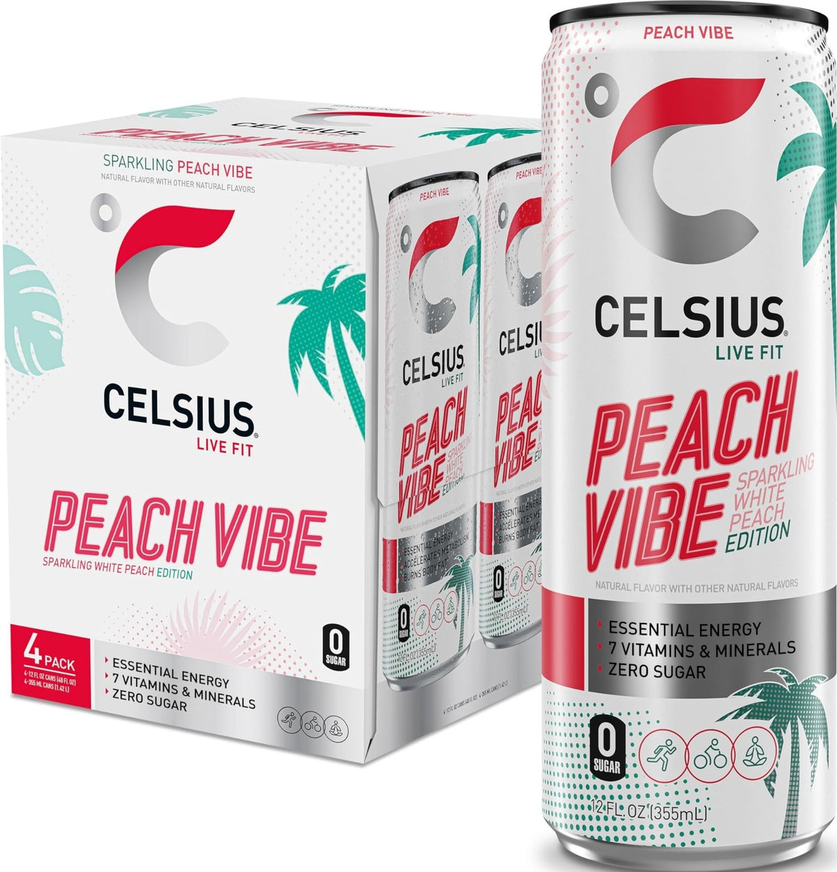 CELSIUS Sparkling Peach Vibe, Functional Essential Energy Drink 12 Fl Oz (Pack of 4)
