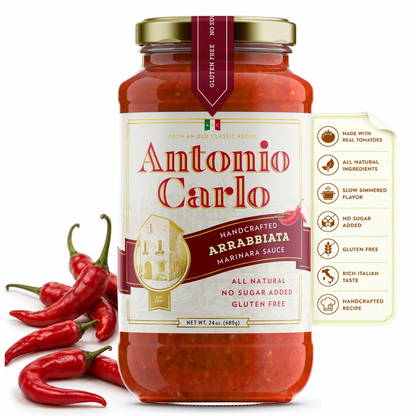 NEW! Antonio Carlo Authentic Italian (3 Generations) Handmade Gourmet Marinara Sauce - FRESH, No Preservatives, Vegan Marinara Spaghetti & Pasta Sauce