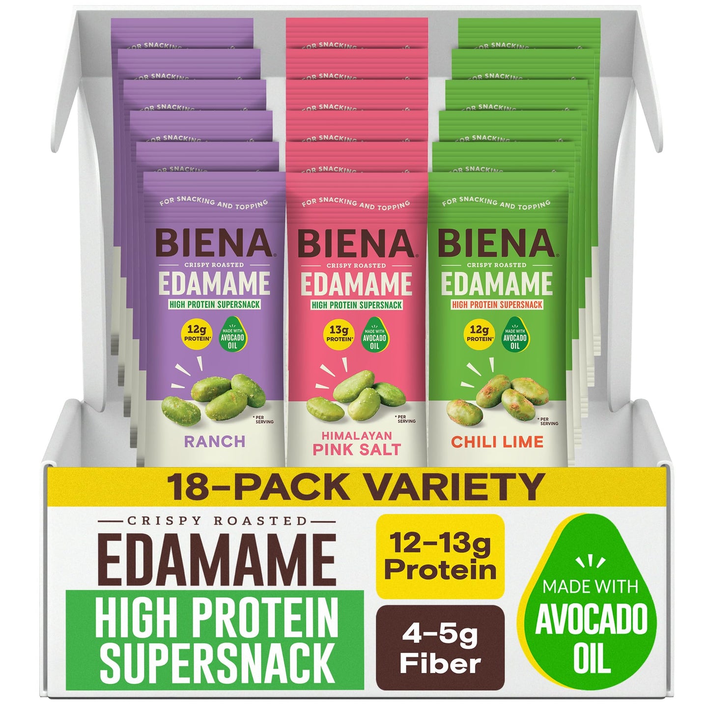 Biena Edamame Beans Snack High Protein Snacks - Healthy Office Snacks For Adults and Kids, 12g of Protein, 130 Low Calorie, Crunchy Edamame, Vegan