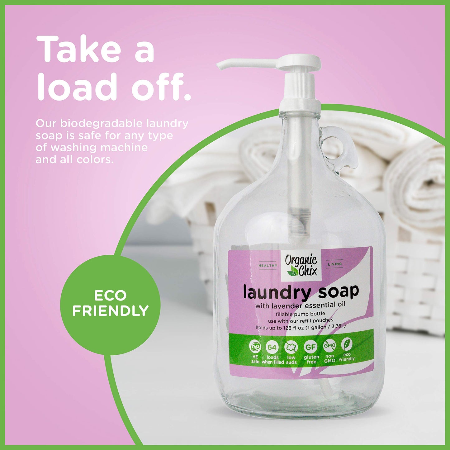 Organic Chix, all natural Laundry Soap, lavender infused, free & clear 96oz Spout Pack