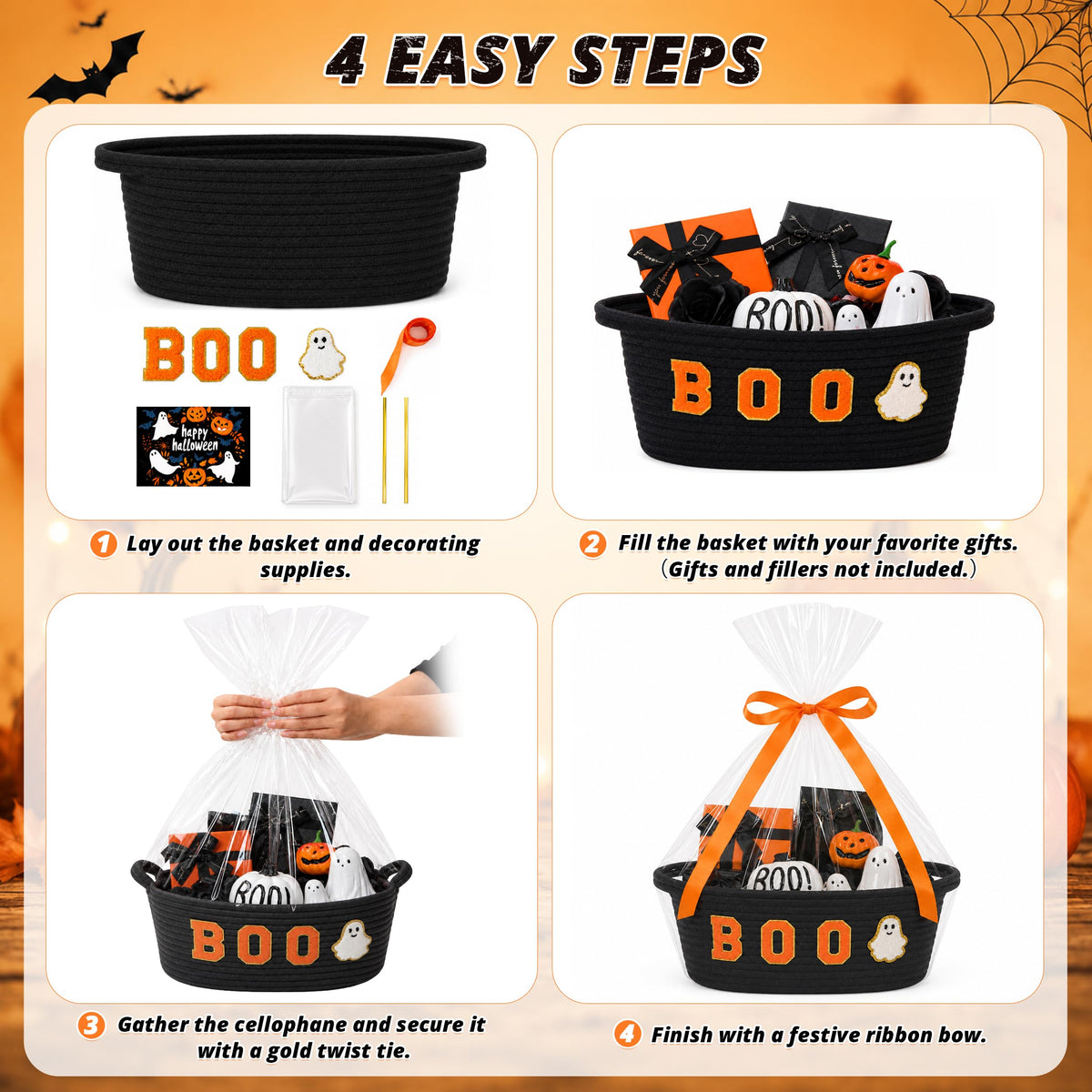 MELLBAY Halloween Boo Gift Basket, Black Boo Trick or Treat Buckets