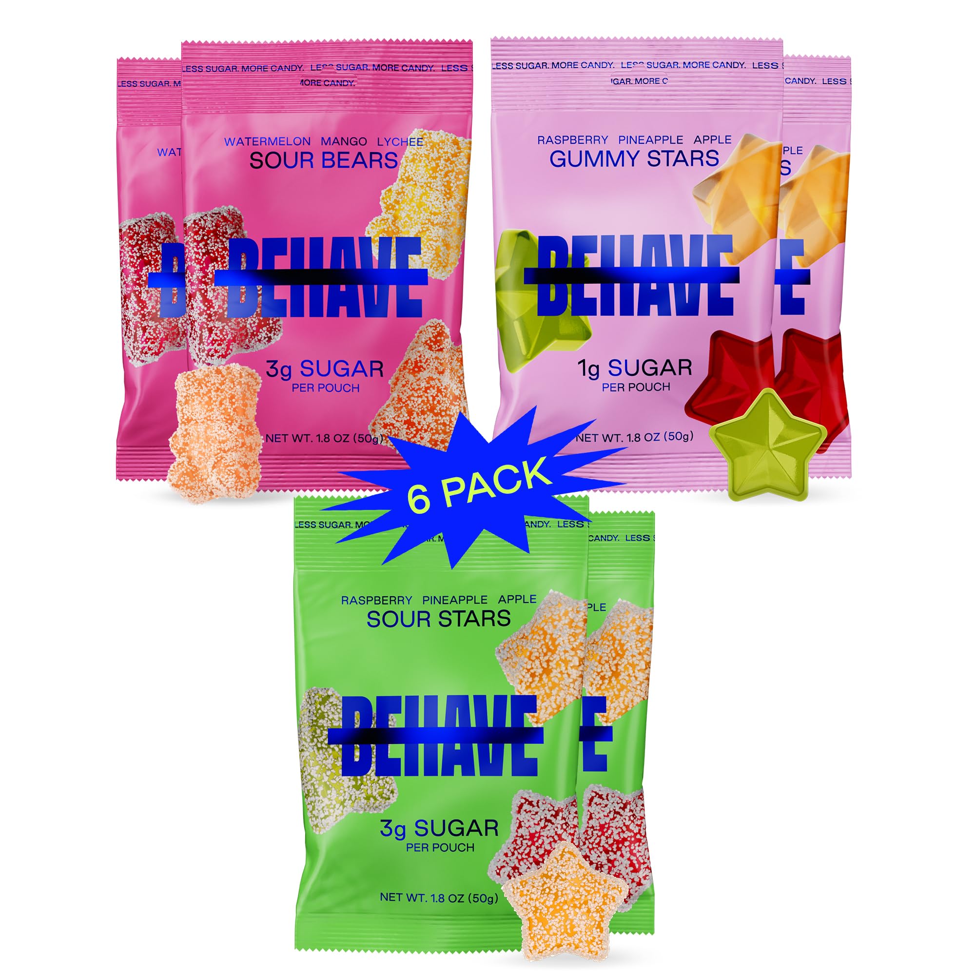BEHAVE Low Sugar Gummy Candy (The Everything Pack, 6 Pouches) | Keto, Diabetic Friendly, High Fiber, Gluten-Free & Non-GMO