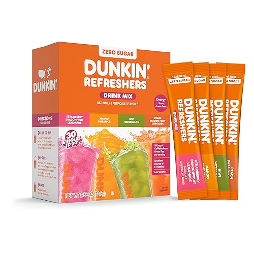 Dunkin’ Zero Sugar Refreshers Singles To Go! Powdered Drink Mix, 30 Ct Variety Pack, Energy from Green Tea, Aspartame-Free, Just Add Water