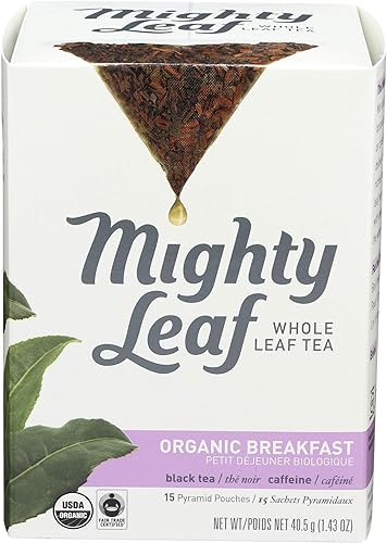 Mighty Leaf Whole Leaf Organic Breakfast Tea, 15 Tea Bags Individual Pyramid-Style Tea Sachets of Organic Caffeinated Black, Delicious Hot or Iced