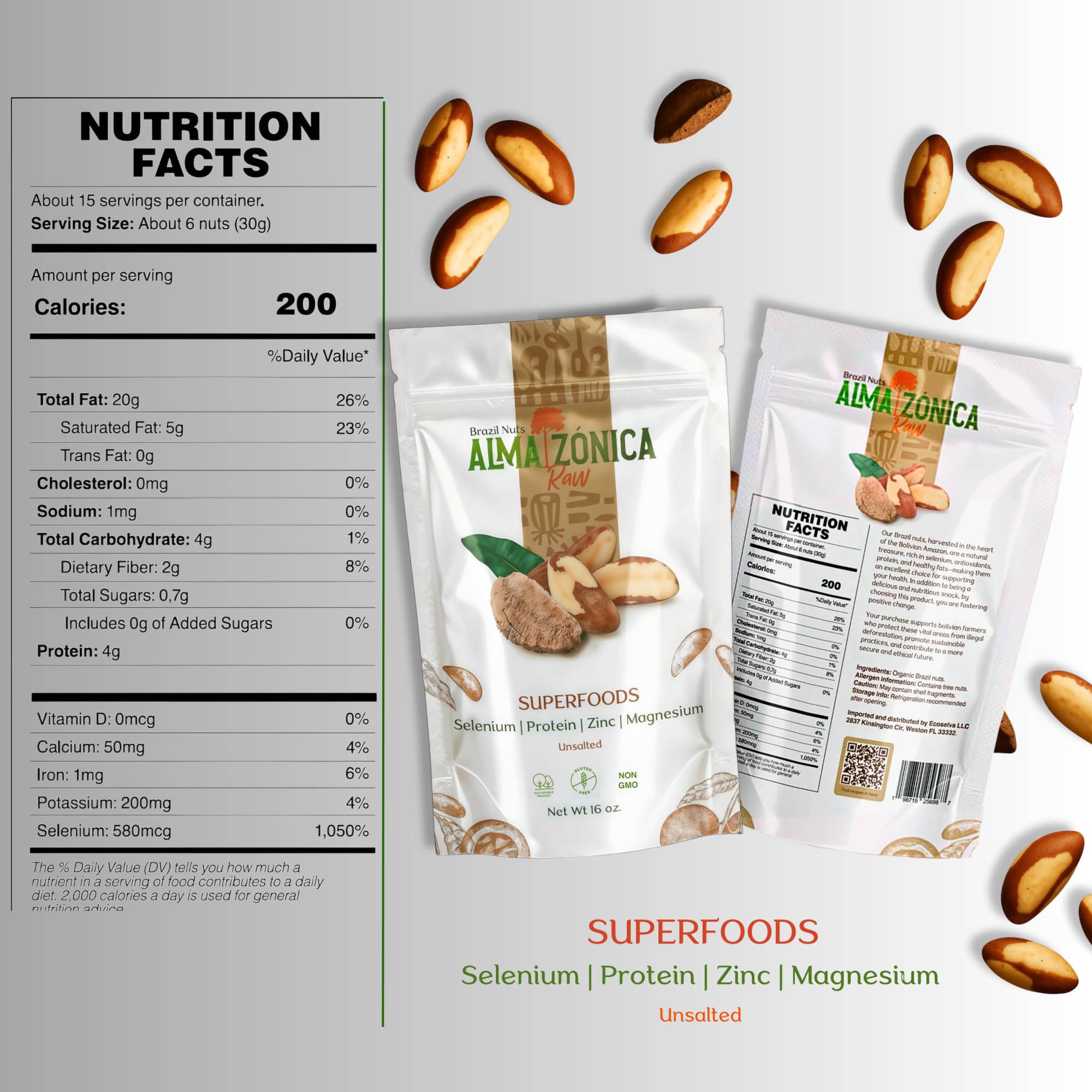Raw Brazil Nuts 1 lb (16 oz) - Wild Harvested, Unsalted, Whole, High Selenium, Non-GMO, Single-Origin Bolivia, Gluten-Free, Kosher, Resealable Bag |