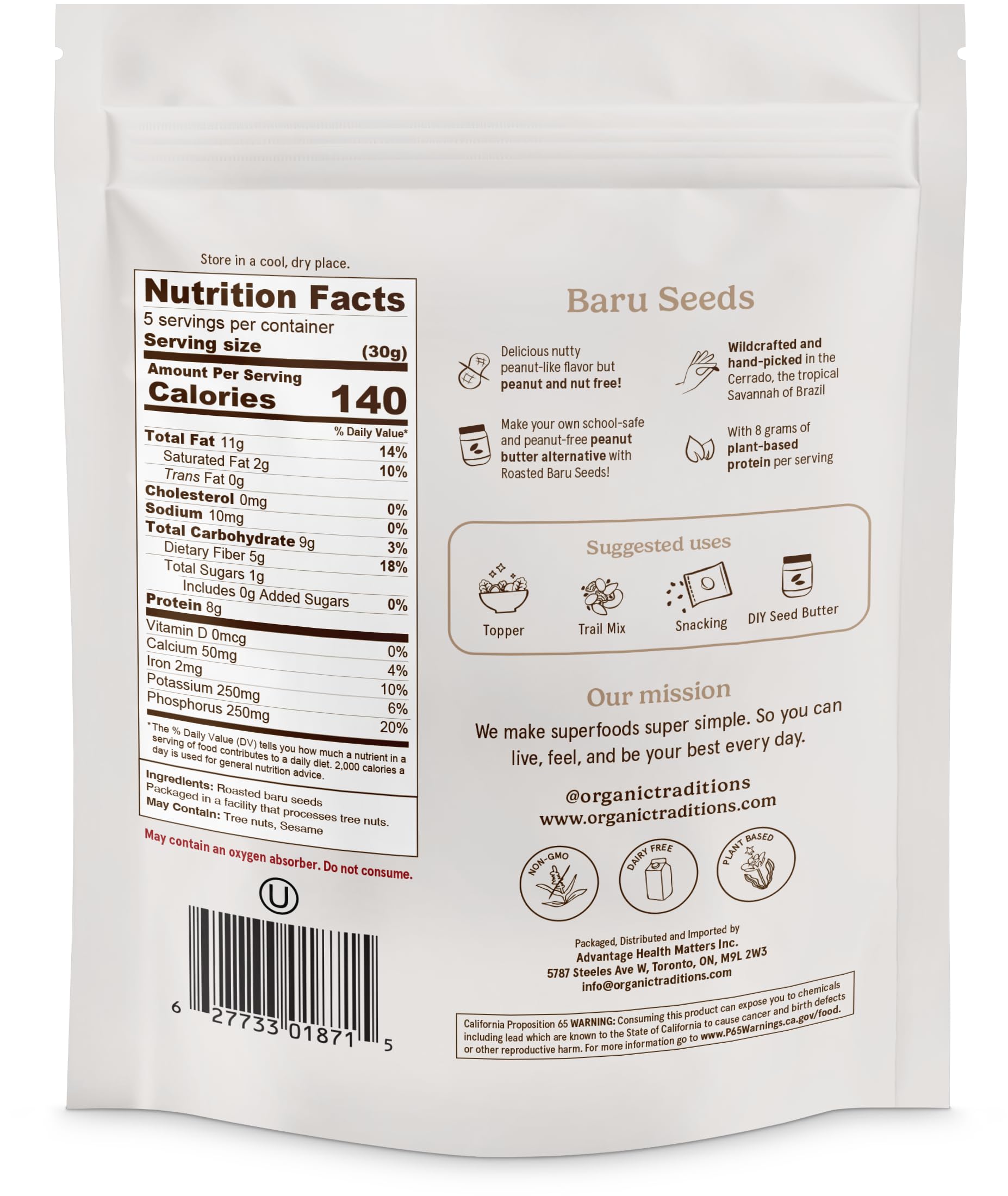 Organic Traditions Roasted Baru Seeds, Nut Free Plant Based Snack, Wildcrafted Baru Nuts With Crunchy Texture And Nutty Flavor, High Fiber Source