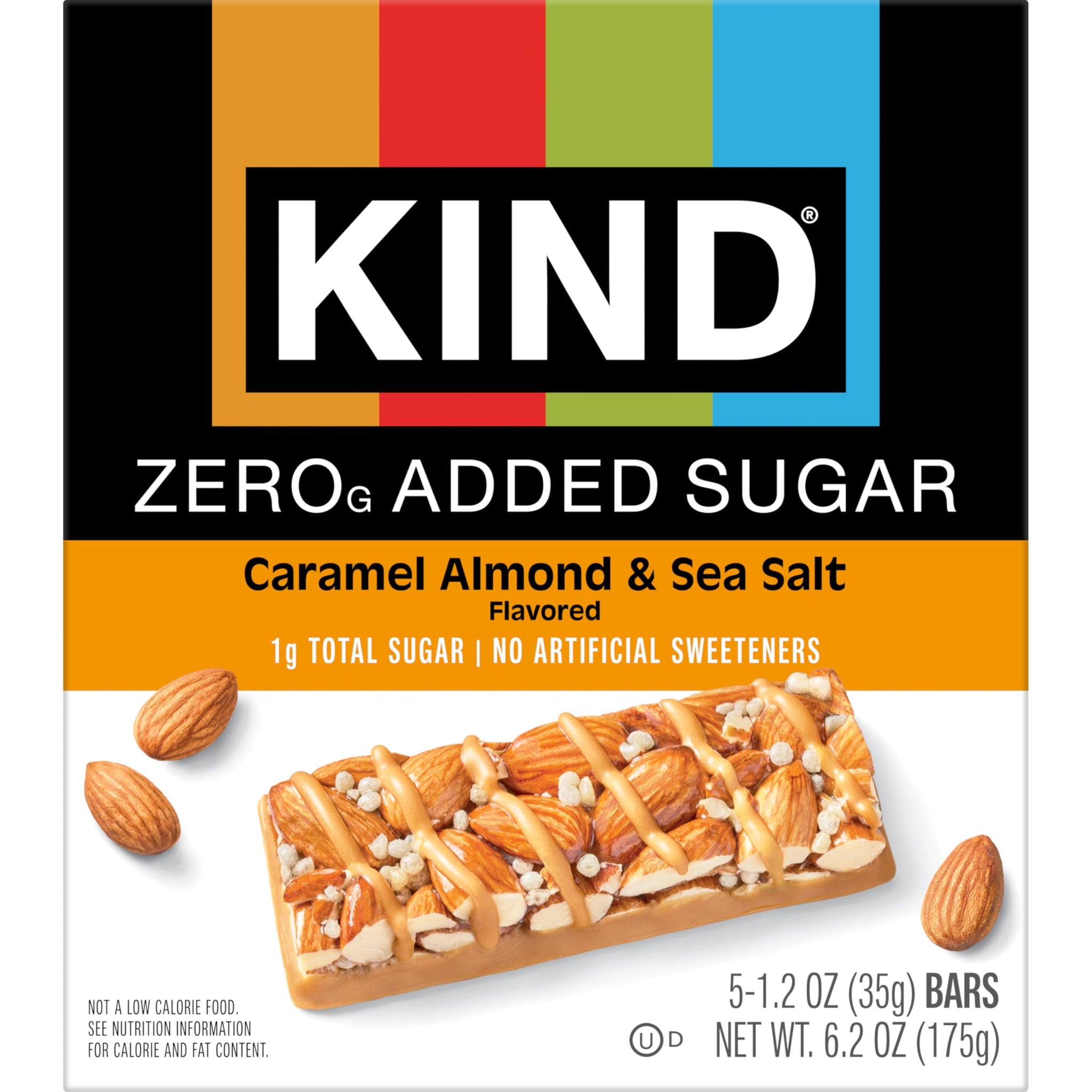 Kind Zero Added Sugar Healthy Snacks Bars, Caramel Almond & Sea Salt, Gluten Free, High Fiber, Keto Snacks, 5g Protein, 30 Count