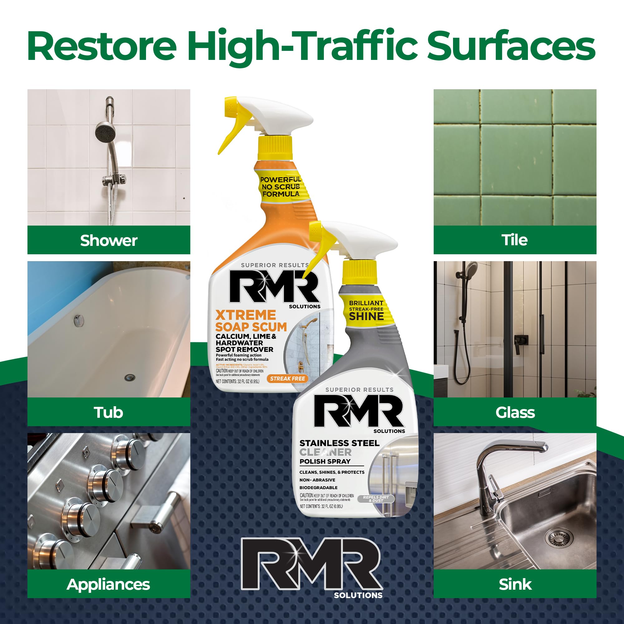 RMR Buildup Breakdown Bundle - Xtreme Soap Scum Remover + Stainless Steel Cleaner Polish, 2-Step Bathroom & Kitchen Cleaning Kit for Shower, Tub