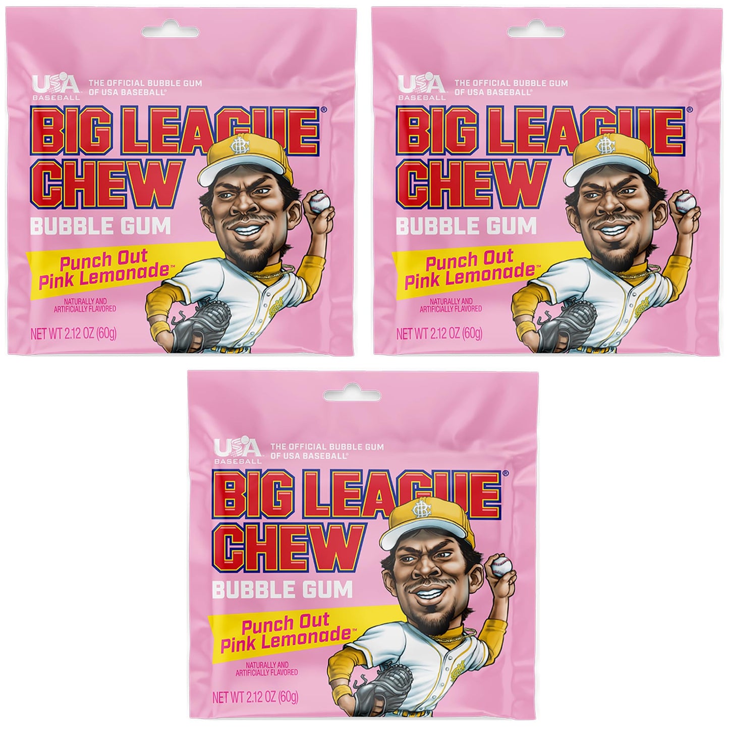 Big League Chew Pink Lemonade Bubble Gum 3-Pack - 2.12oz Packets - Pink Lemonade Baseball Gum - Big League Chew Baseball Candy Set for Treats, Party