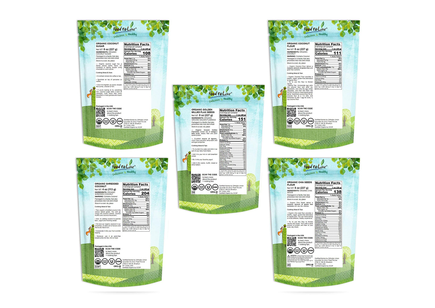 Food to Live - Organic Baking Ingredients in a Gift Box A Variety Pack of Organic Coconut Flour, Chia Flour, Coconut Sugar, Shredded Coconut, Ground