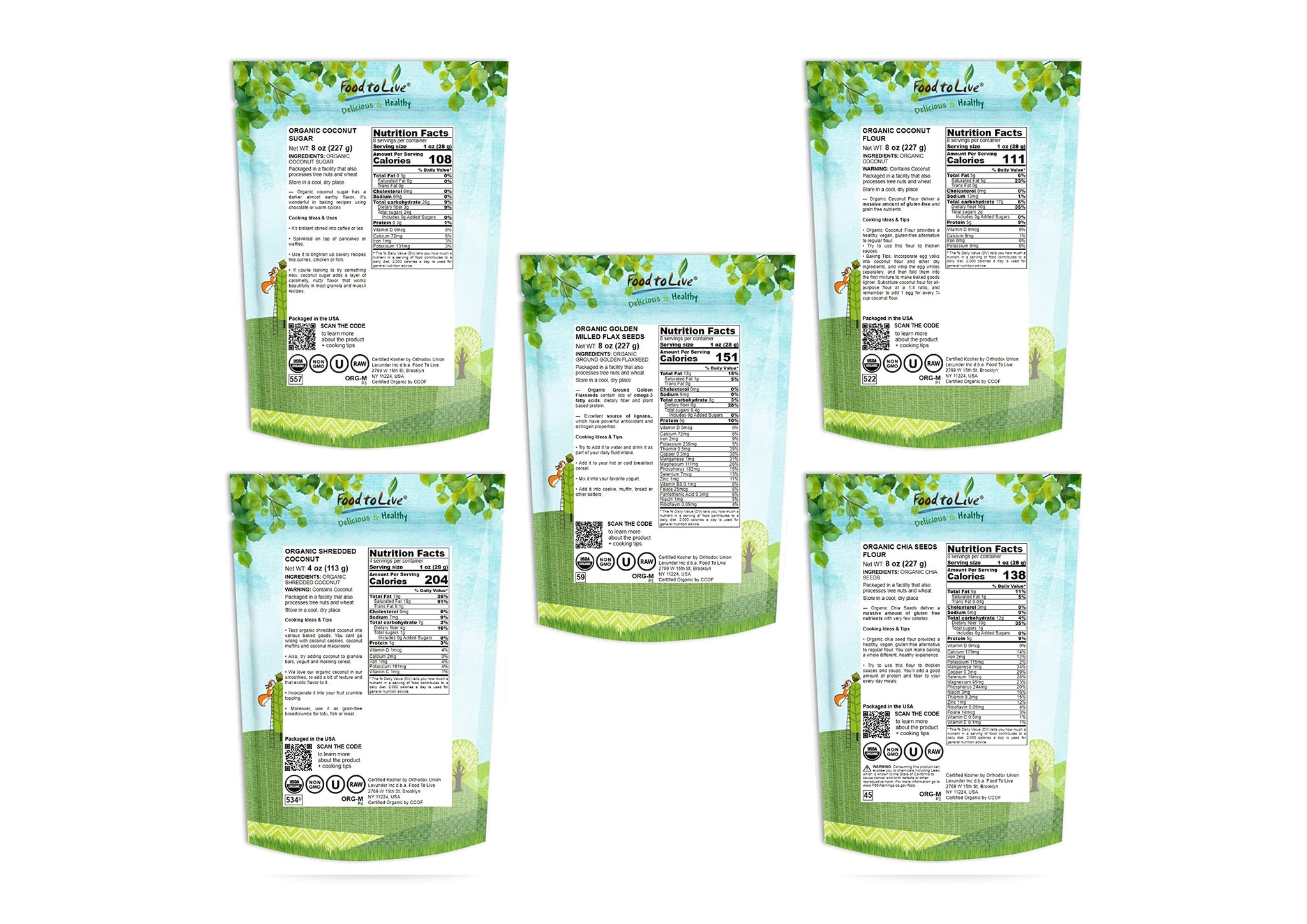 Food to Live - Organic Baking Ingredients in a Gift Box A Variety Pack of Organic Coconut Flour, Chia Flour, Coconut Sugar, Shredded Coconut, Ground