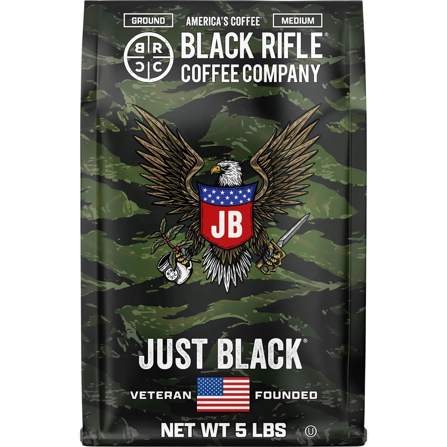 Black Rifle Coffee Company Just Black, 5 lb Bag, Ground Coffee Medium Roast - Roasted Blend Made from Arabica Beans - Colombian & Brazilian Beans