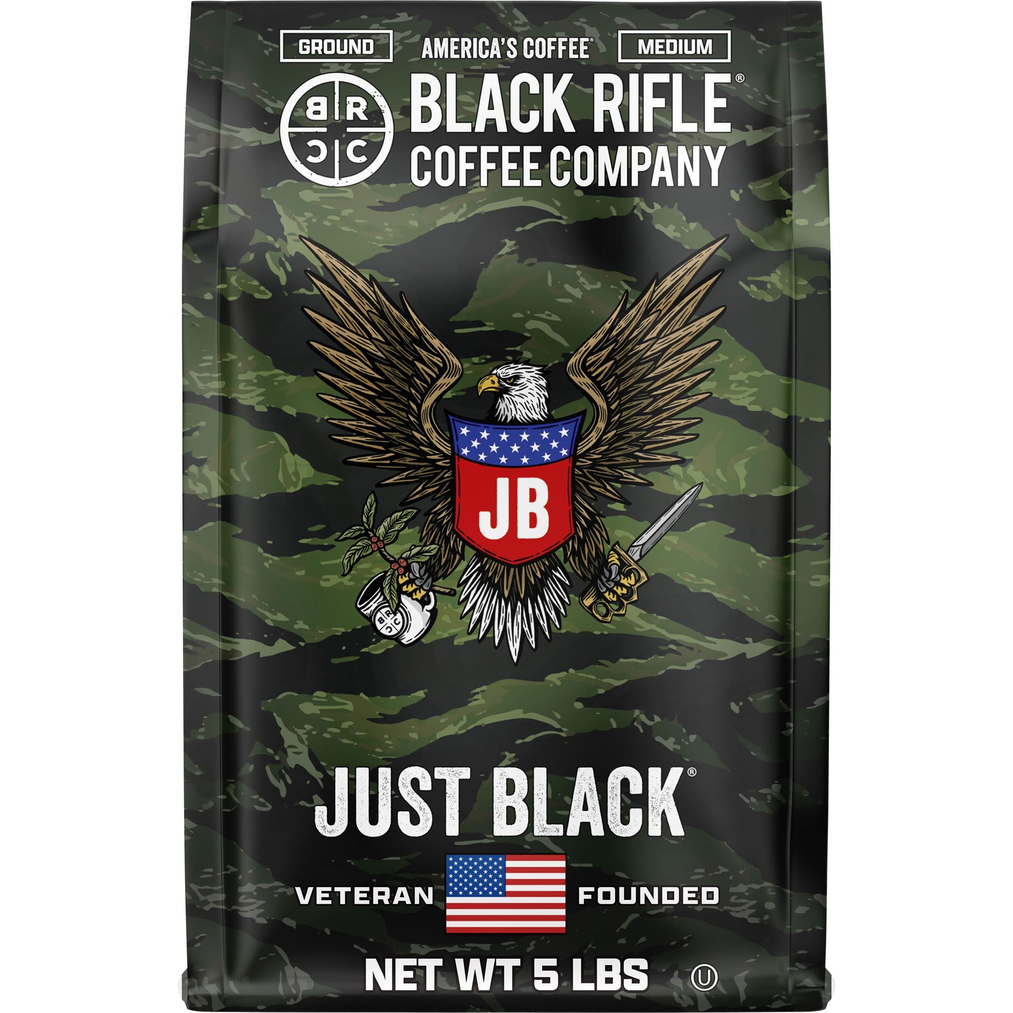Black Rifle Coffee Company Just Black, 5 lb Bag, Ground Coffee Medium Roast - Roasted Blend Made from Arabica Beans - Colombian & Brazilian Beans