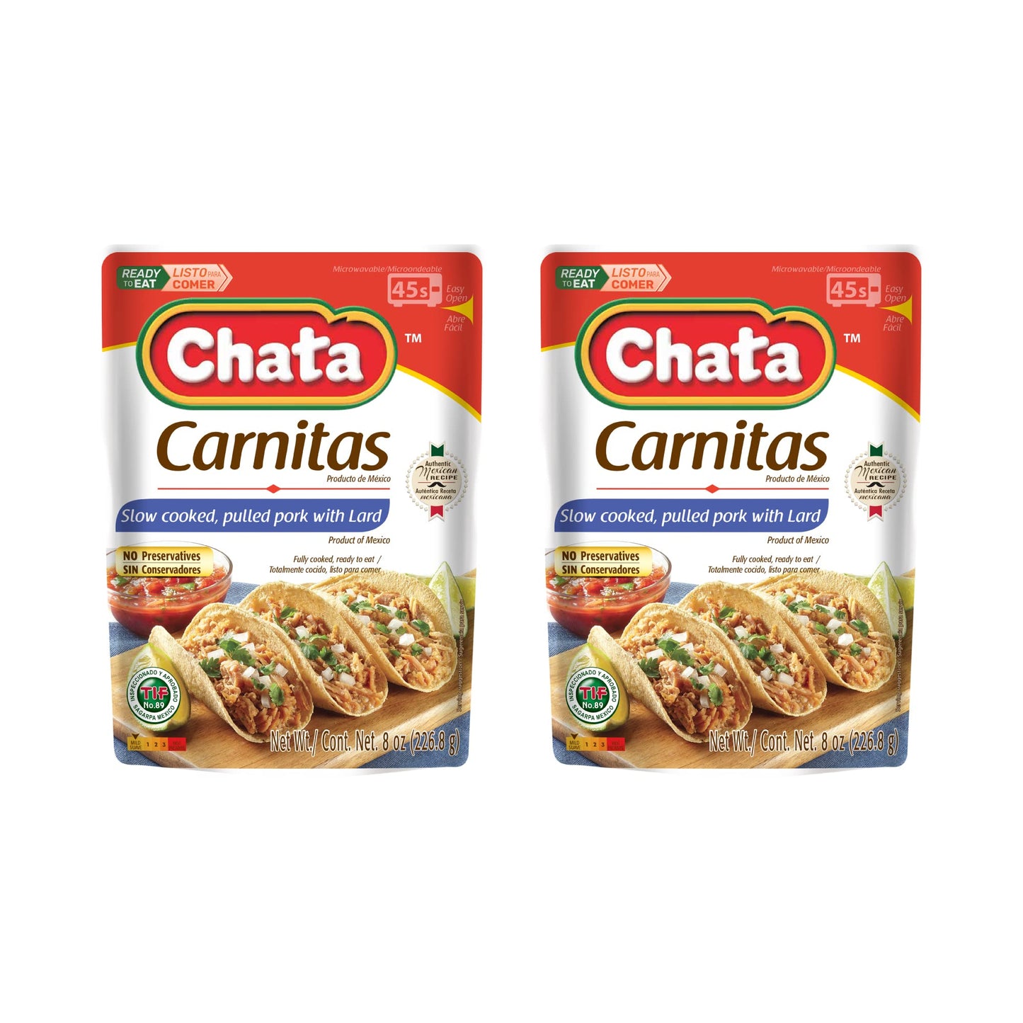 Chata Authentic Mexican Carnitas, Slow Cooked Pork, 8 oz, Pack of 2