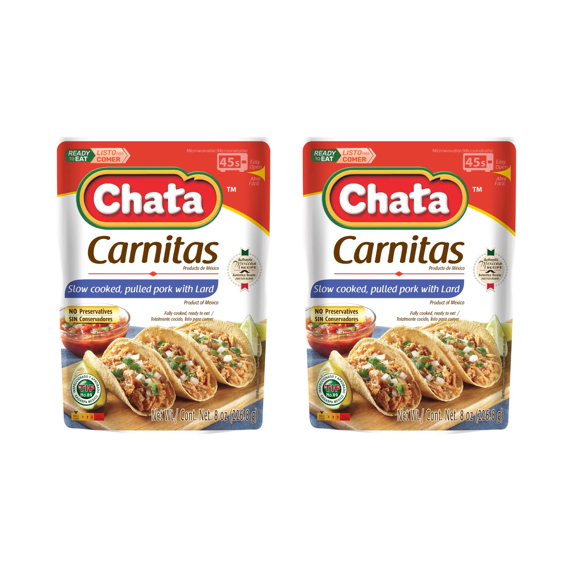 Chata Authentic Mexican Carnitas, Slow Cooked Pork, 8 oz, Pack of 2