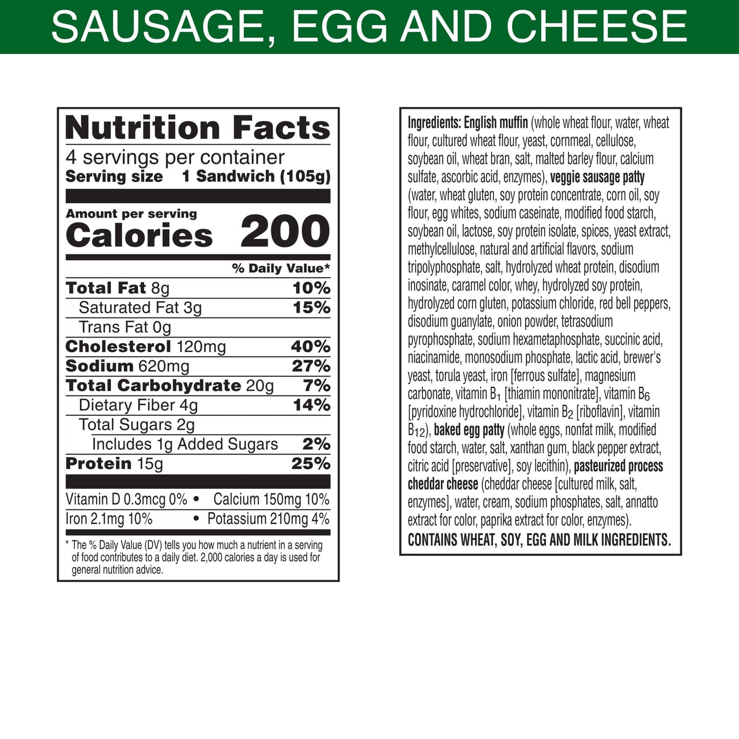 MorningStar Farms Veggie Breakfast Sandwich, Plant Based, Frozen Breakfast, Meatless Sausage Egg and Cheese, 14.8oz Box (4 Patties)