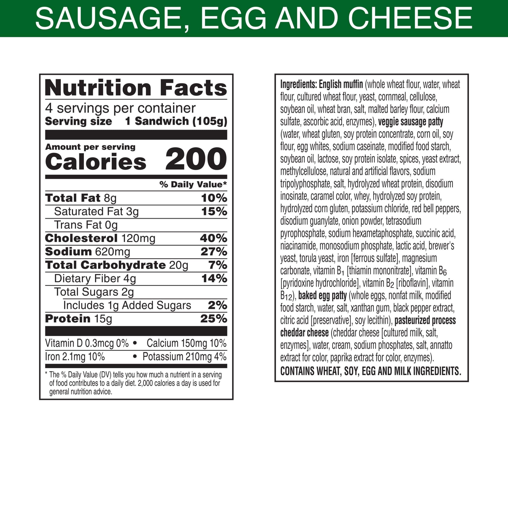 MorningStar Farms Veggie Breakfast Sandwich, Plant Based, Frozen Breakfast, Meatless Sausage Egg and Cheese, 14.8oz Box (4 Patties)
