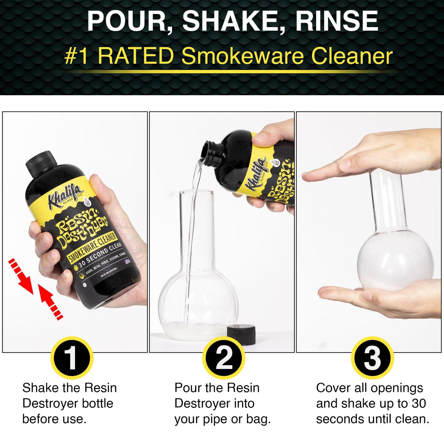 Khalifa Resin Destroyer Cleaning Solution One 16 Fl Oz Bottle - Clean & Deodorize Glass, Ceramic, Silicone & Metal - Restore Your Pieces to Perfection