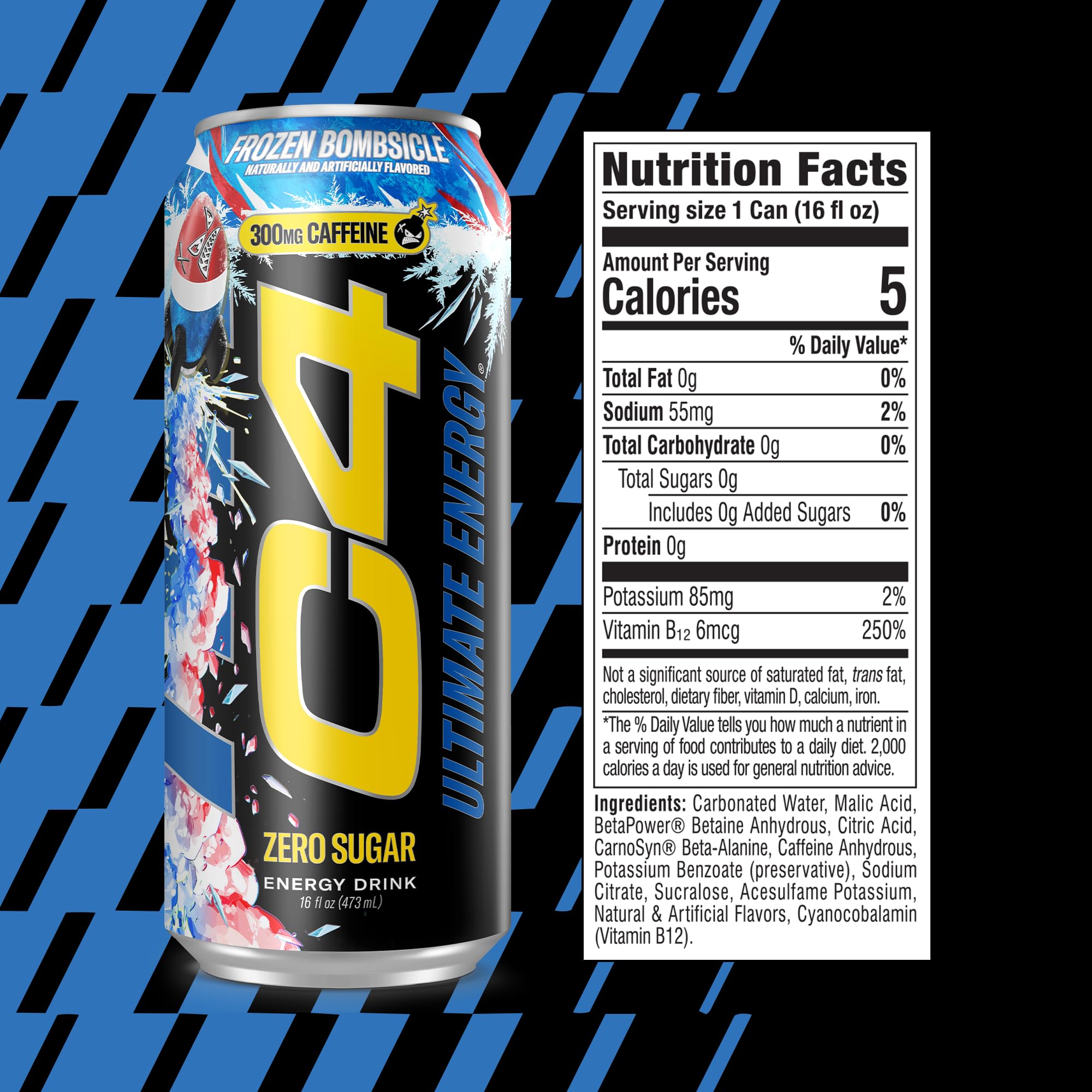 C4 Ultimate Energy Drink, 300mg Caffeine, Zero Sugar, High-Performance Energy for Pre-Workout, Endurance, and Focus, Frozen Bombsicle, 16oz (Pack