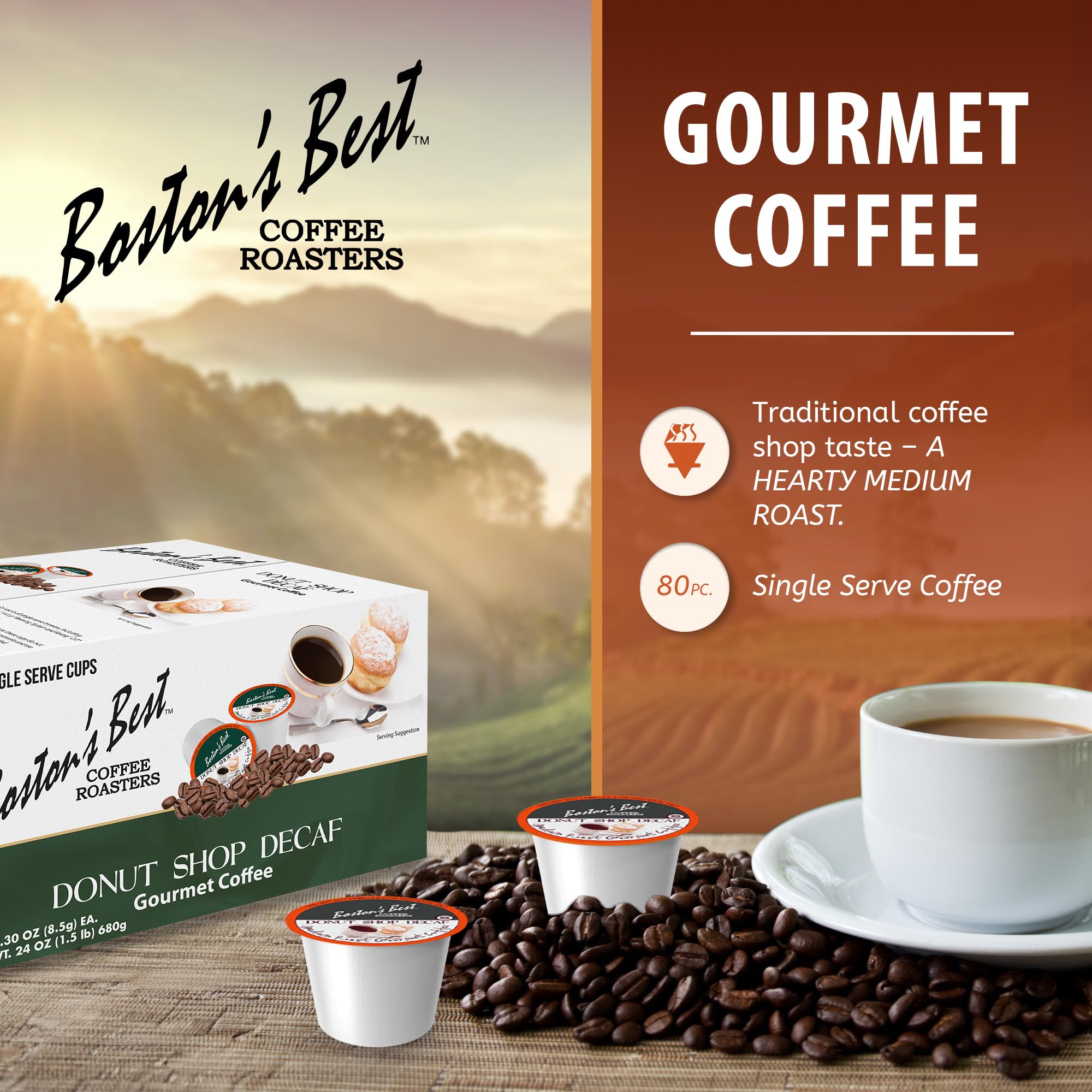 Boston’s Best - Hearty Donut Shop Decaf Medium Roast Delicious Gourmet Coffee Compatible with Keurig Coffee Maker, 1 Count (80 Single Serve Cups)