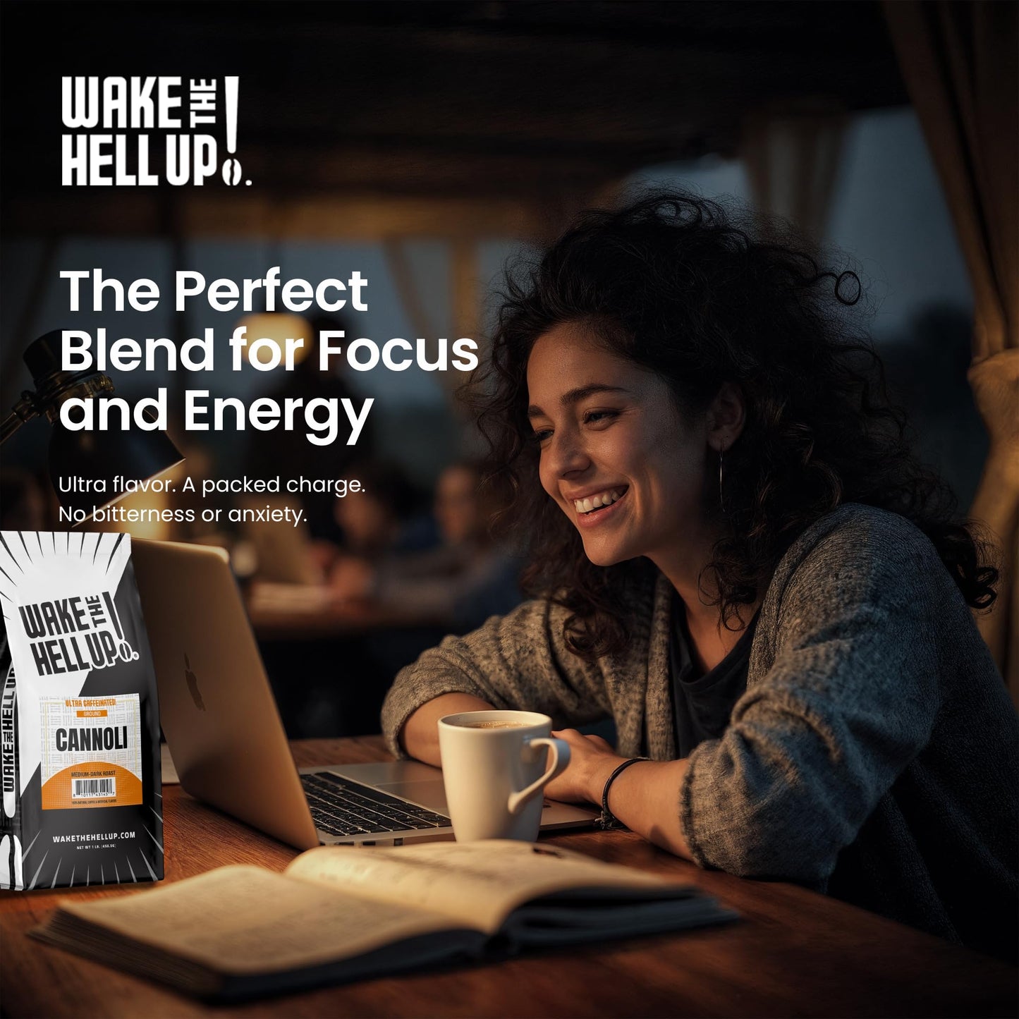 Wake The Hell Up! 1lb Ultra-Caffeinated Cannoli Ground Coffee, Low Acid, Medium-Dark Roast