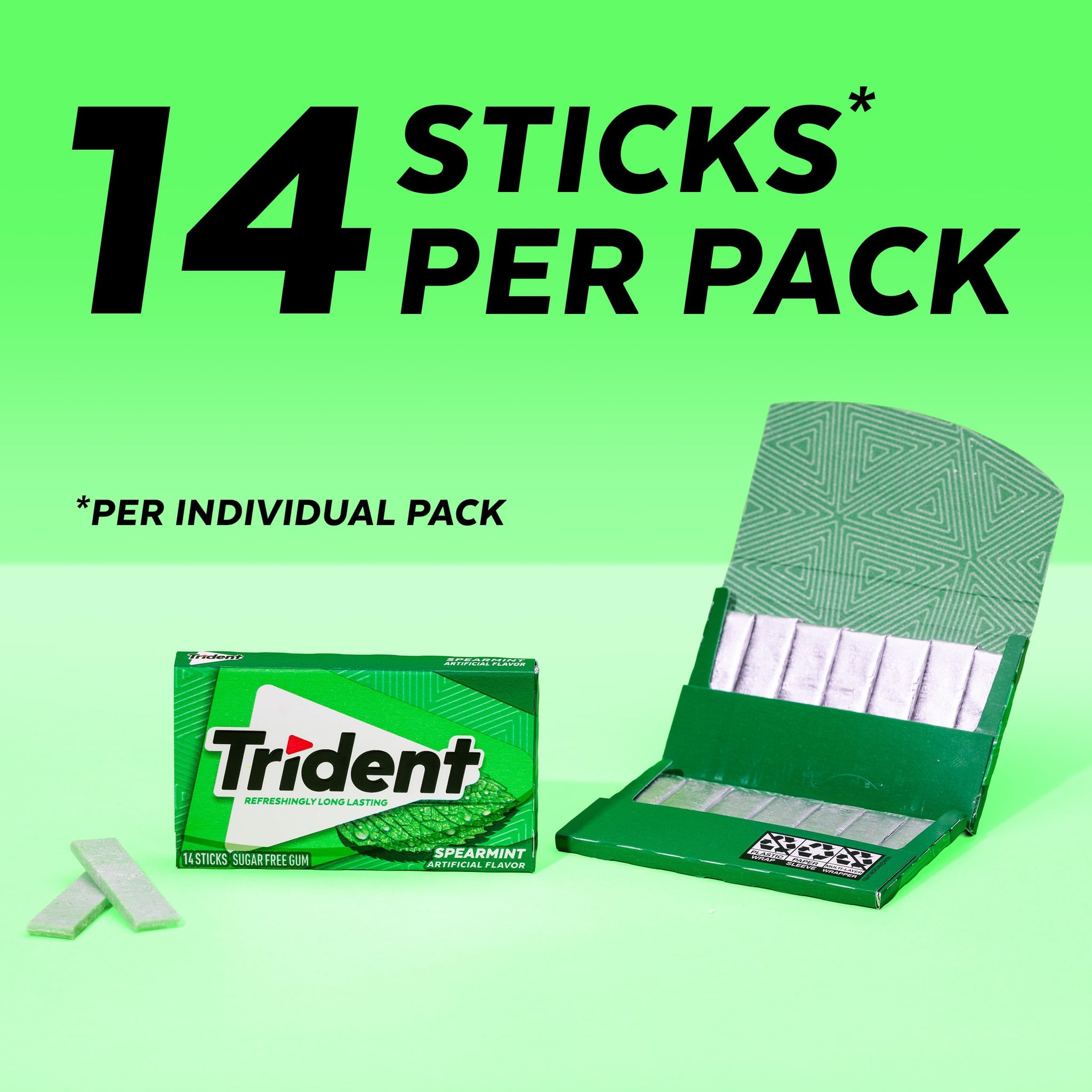 Trident Spearmint Sugar-Free Chewing Gum, 12 Packs of 14 Pieces (168 Total Pieces)