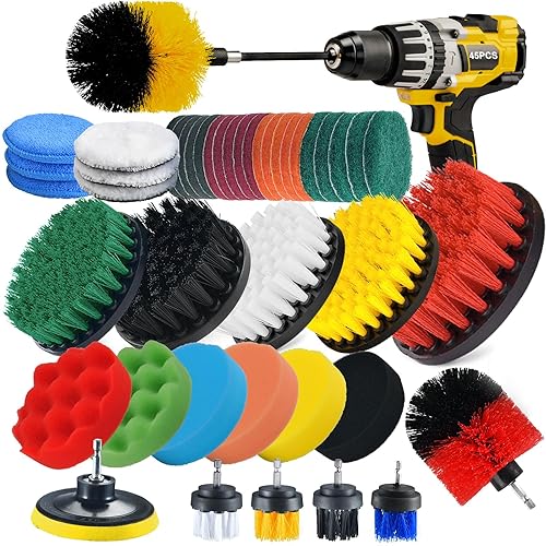 Shieldpro 45 Piece Drill Brush Attachment Set, All Purpose Power Clean Scrubber Brush, Scrub Pads & Sponge with Extend Long Attachment for Bathroom
