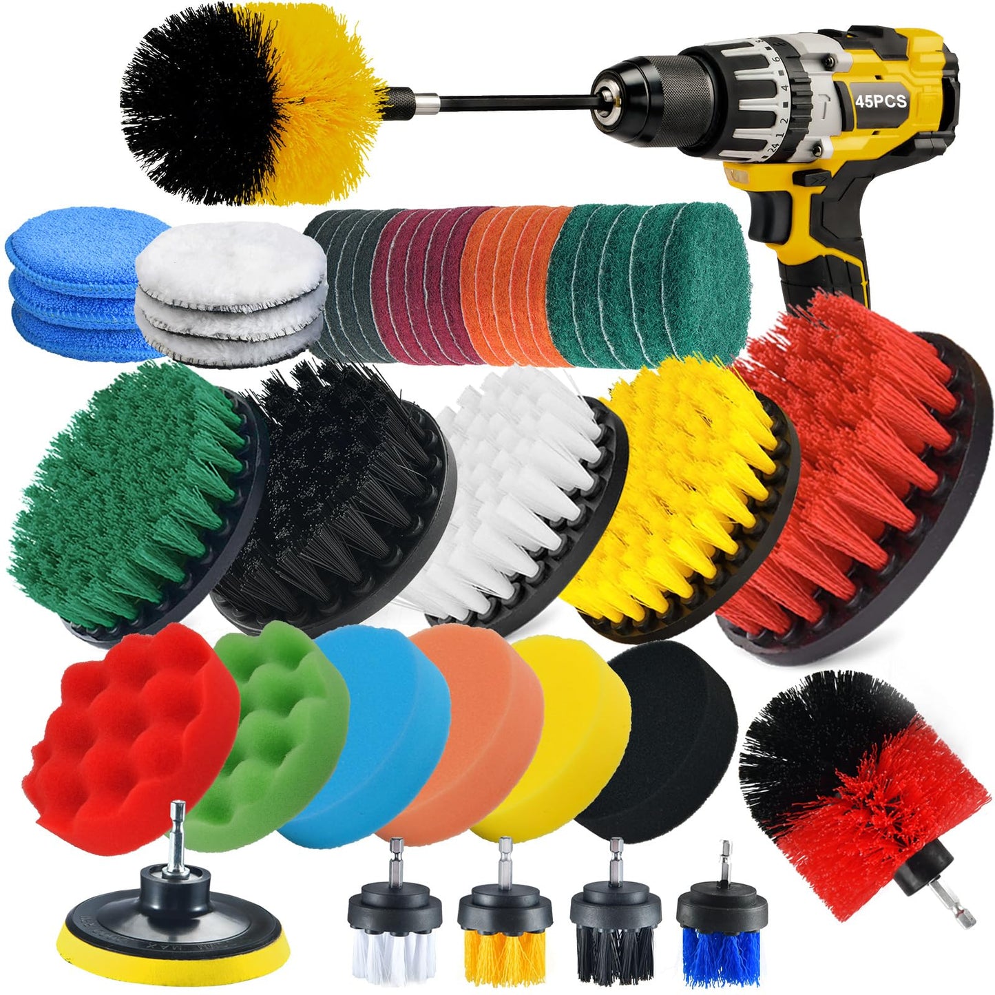 Shieldpro 45 Piece Drill Brush Attachment Set, All Purpose Power Clean Scrubber Brush, Scrub Pads & Sponge with Extend Long Attachment for Bathroom