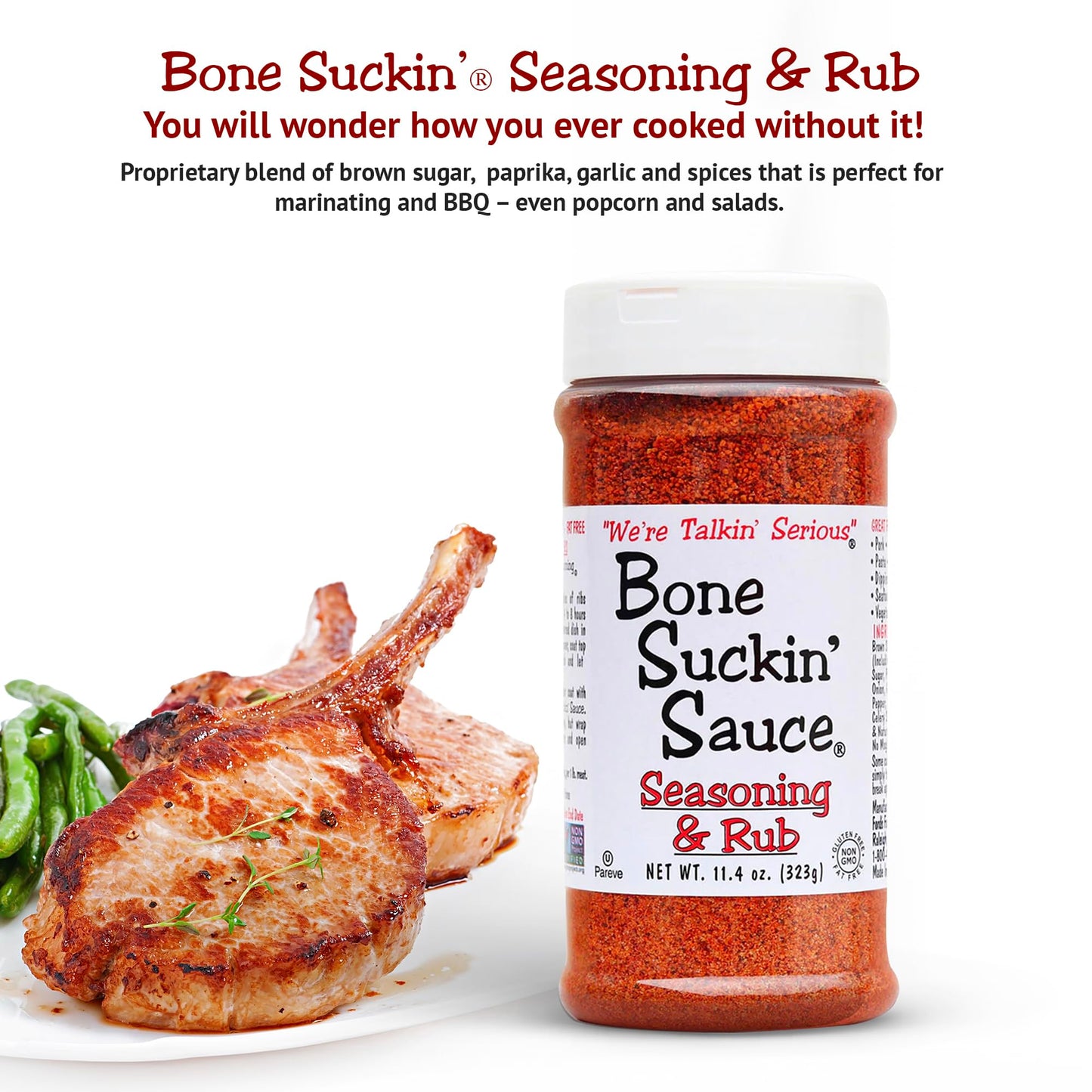Bone Suckin' Seasoning & Rub, Original Blend, Grilling Rubs, Dry Pork Rub, Gluten-Free, Non-GMO, Kosher, Great on Ribs, Pork, Beef, Chicken, Seafood