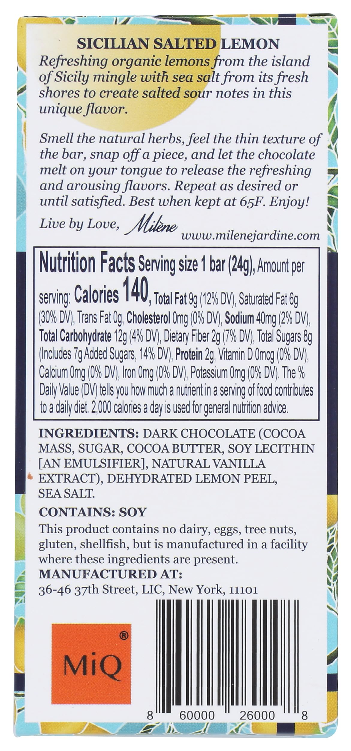 Milene Jardine Sicillian Salted Lemon Dark Cacao 70%, 0.85 OZ
