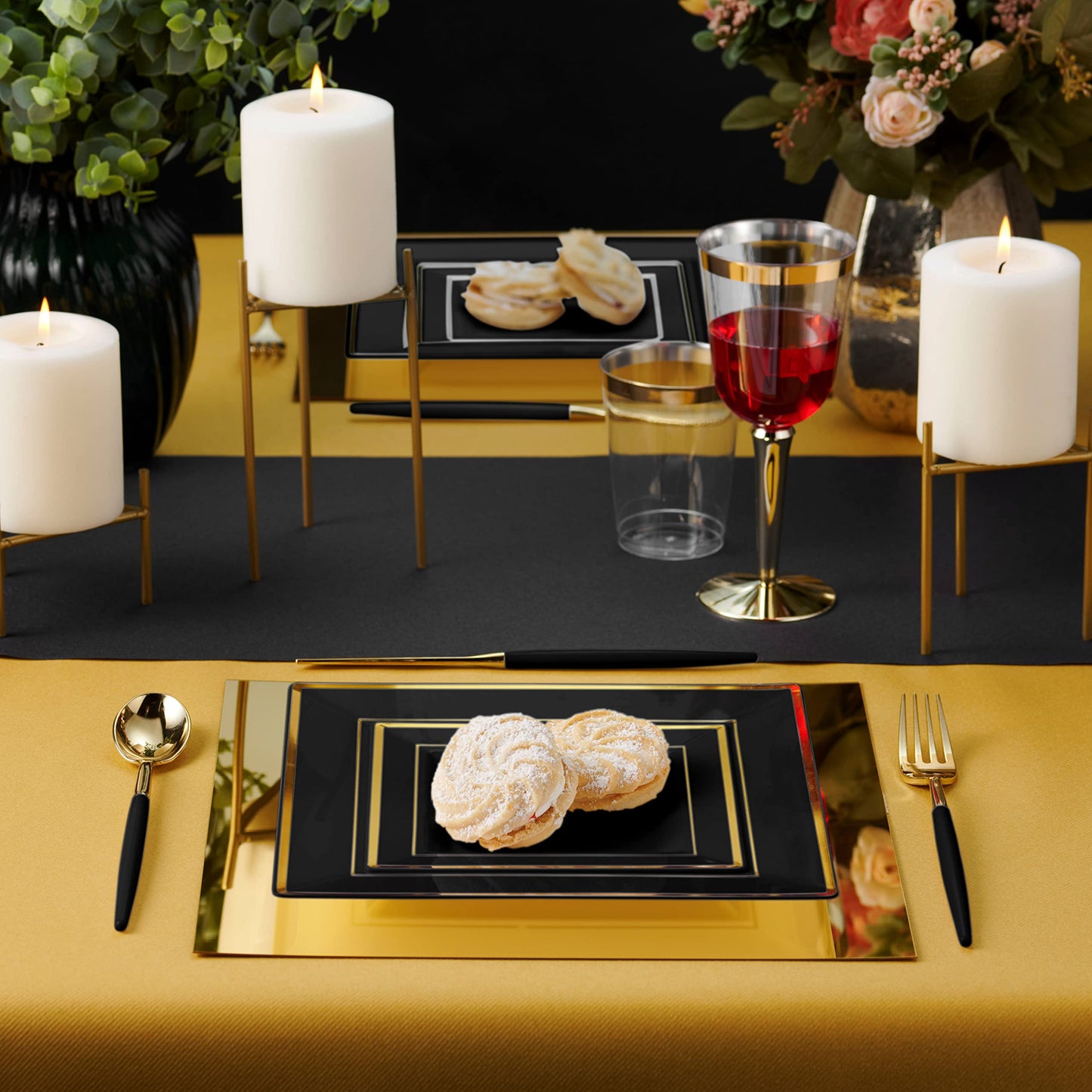 BloominGoods 100 PCS Disposable Plastic Black Square Plates, 100-Pack 6.5 & 10 In. Combo Premium Heavy Duty Gold Rim Square Plastic Plates, Ideal