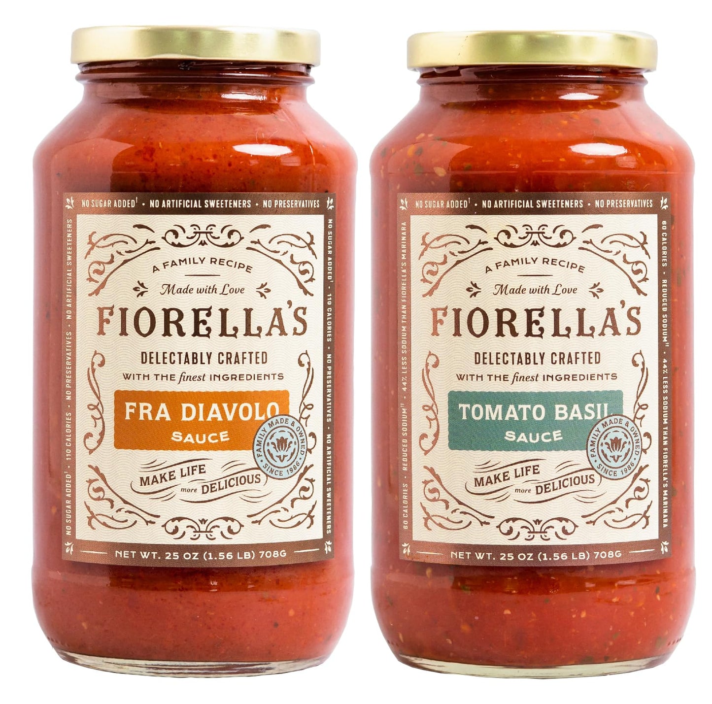 Fiorella's Fra Diavolo & Tomato Basil - Variety Pack - Made with Fresh Ingredients - Seed Oil Free, No Sugar Added, Vegan, Gluten Free, No