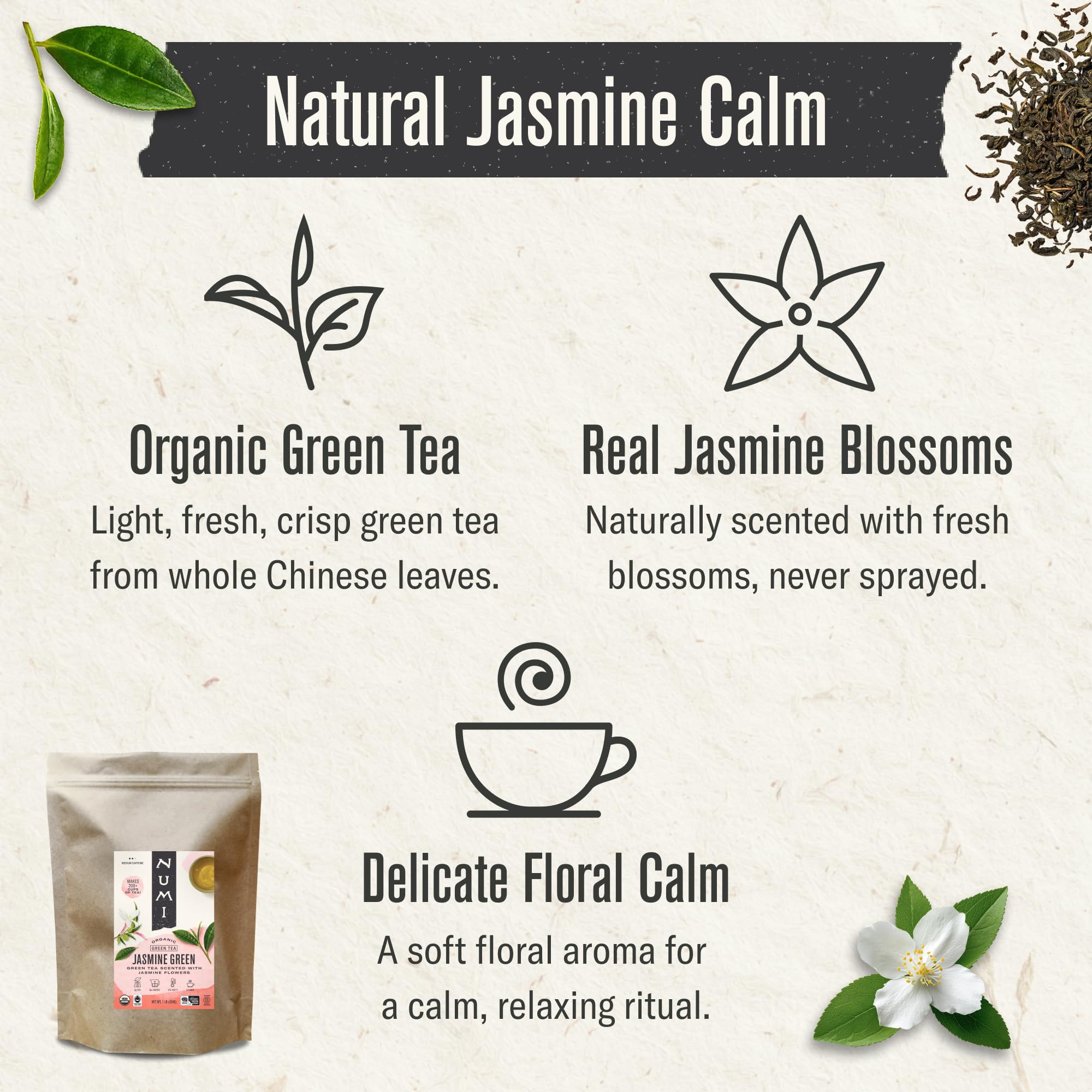 Numi Organic Jasmine Green Tea 16 Ounce Pouch Brews 200 Cups