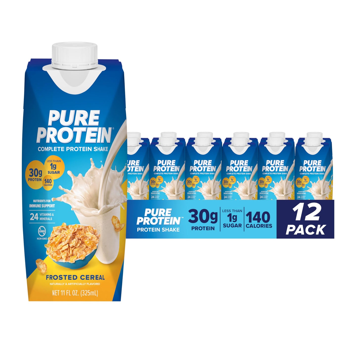 Pure Protein Complete Protein Shake, Frosted Cereal, 30g High Protein Drink, Less than 1g Sugar, 4g Fiber, Ready to Drink, Non GMO, On-the-Go Shakes