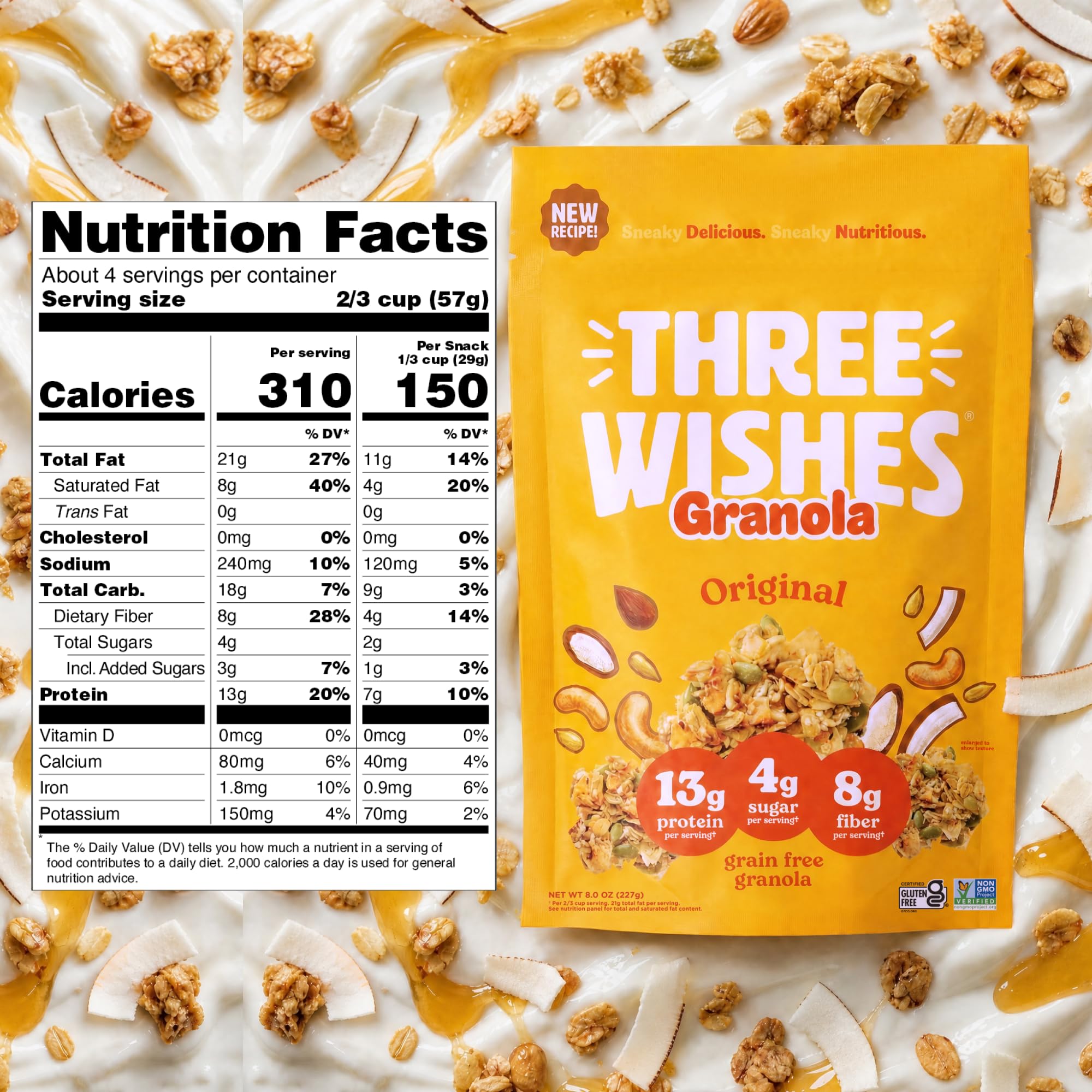 Three Wishes Granola, Original (8-Pack) - Gluten Free Granola, 6g Protein & 3g Sugar Healthy Breakfast & On-the-Go Snack - Vegan, Kosher & Grain-Free
